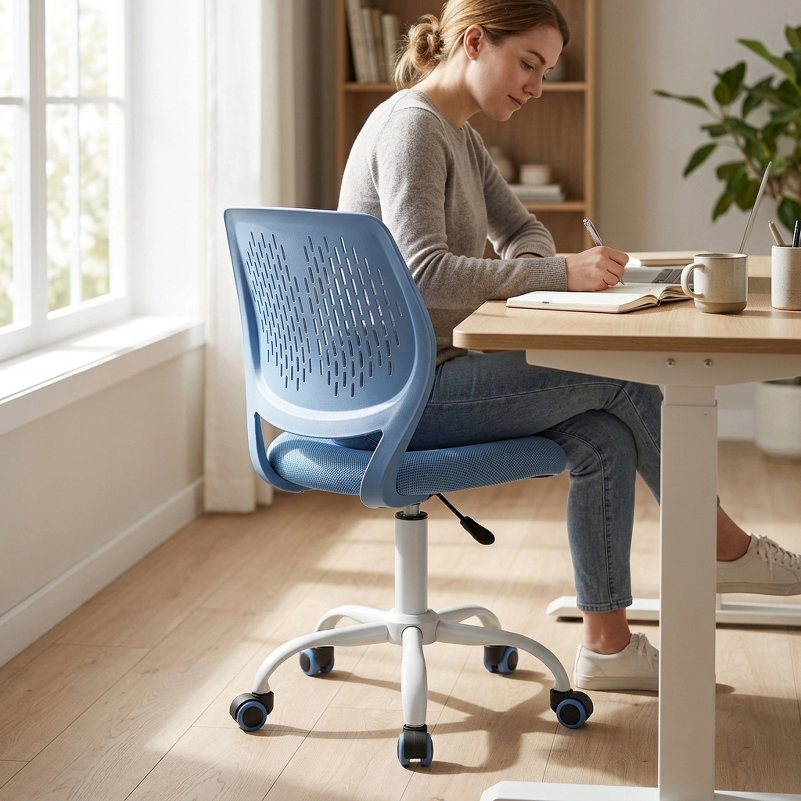 SUGIFT Blue Kids Armless Mesh Desk Chair, Adjustable Height, Rolling 5-Star Base