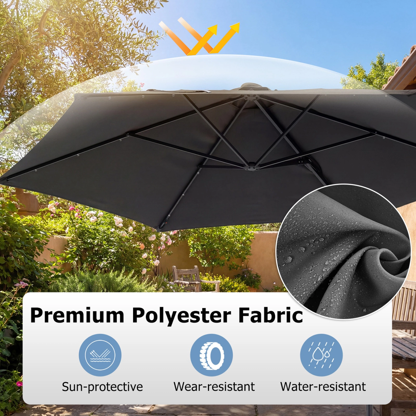 SUGIFT 10 ft Cantilever Patio Umbrella with Solar LED Lights and Foot Pedal Rotation