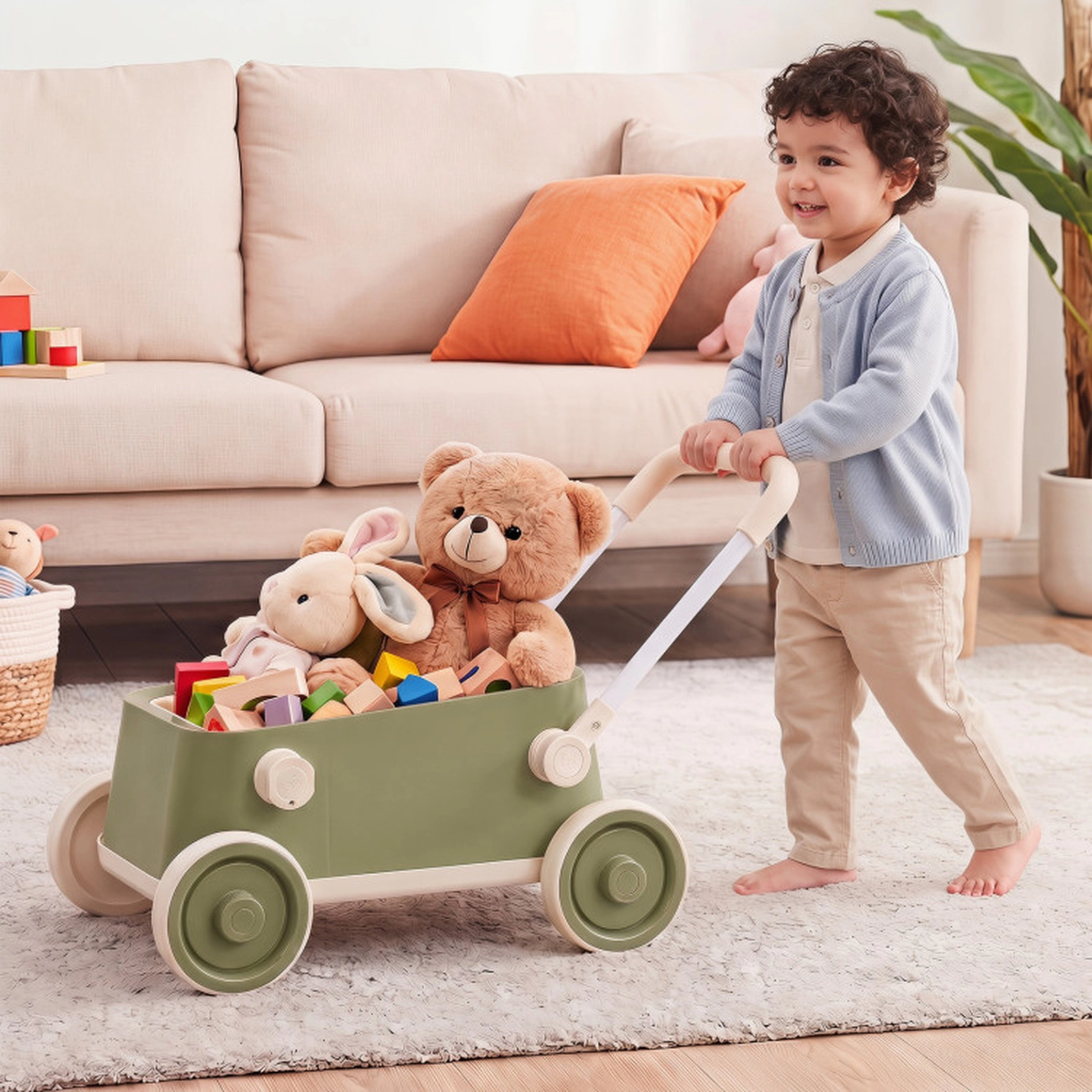 SUGIFT Baby Push Walker Wagon with Foldable Handlebar and Storage Basket Ages 3-6 Years Green