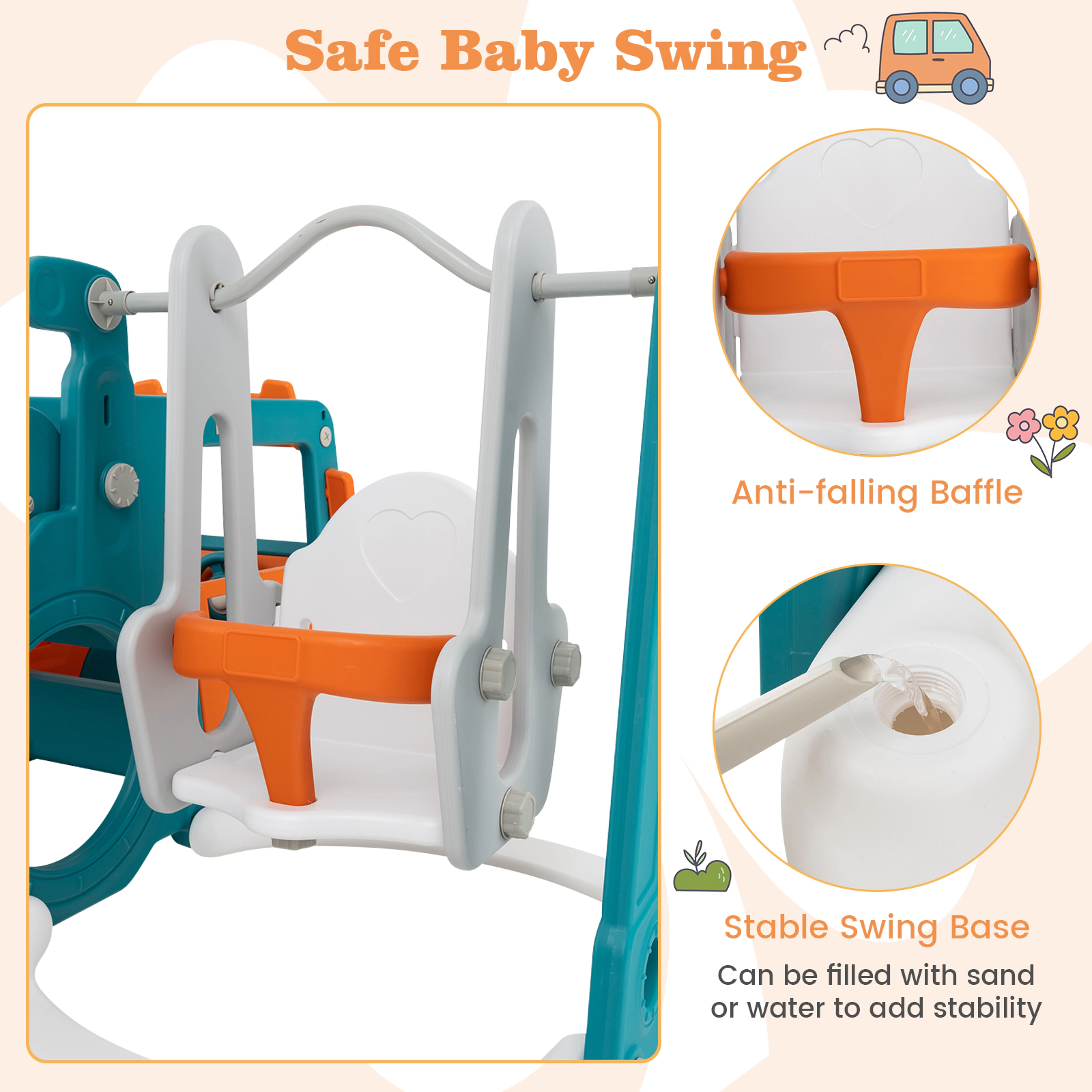 SUGIFT Multicolor Mini Bus Room and Basketball Hoop 5-in-1 Kids Slide and Swing Set