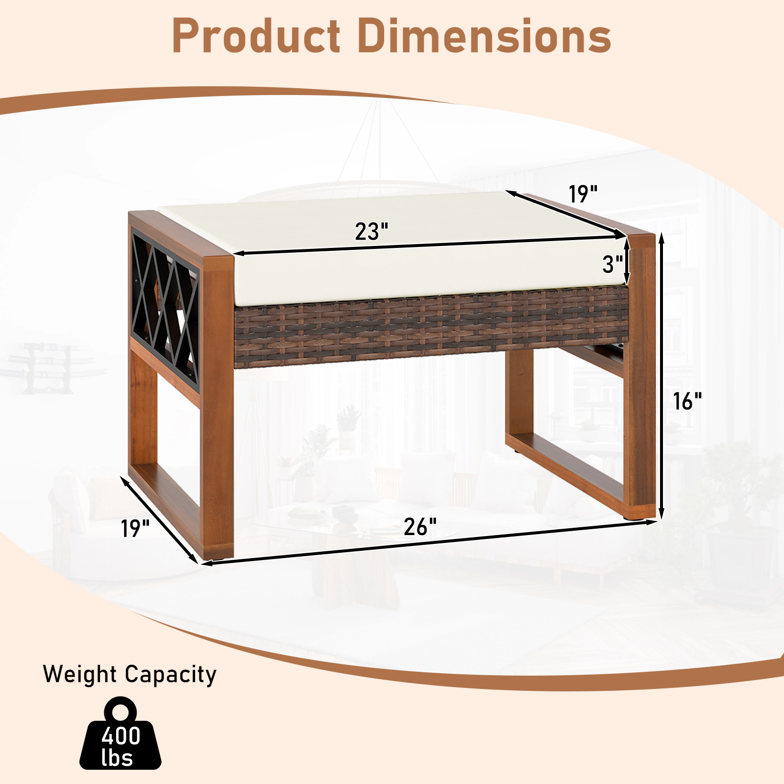 SUGIFT PE Rattan Wicker Patio Ottomans Set of 2 with Removable Cushions 400-lb Capacity Mix Brown Beige