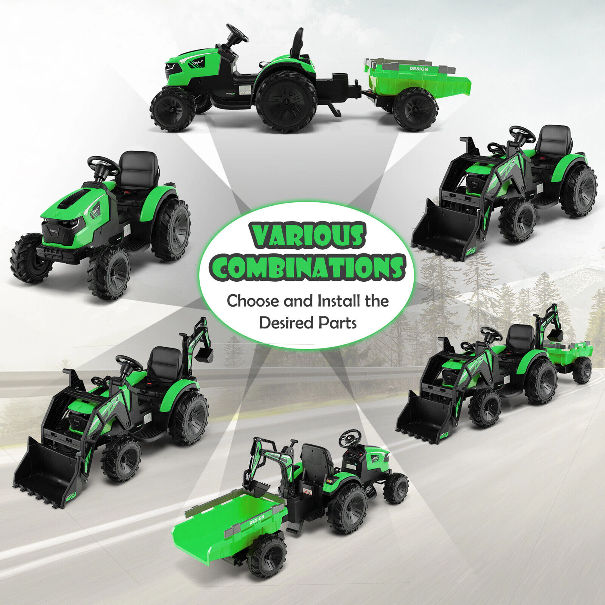 Costway 3-in-1 Kids Ride On Excavator Bulldozer 12V Electric Tractor Remote w/ Trailer Green