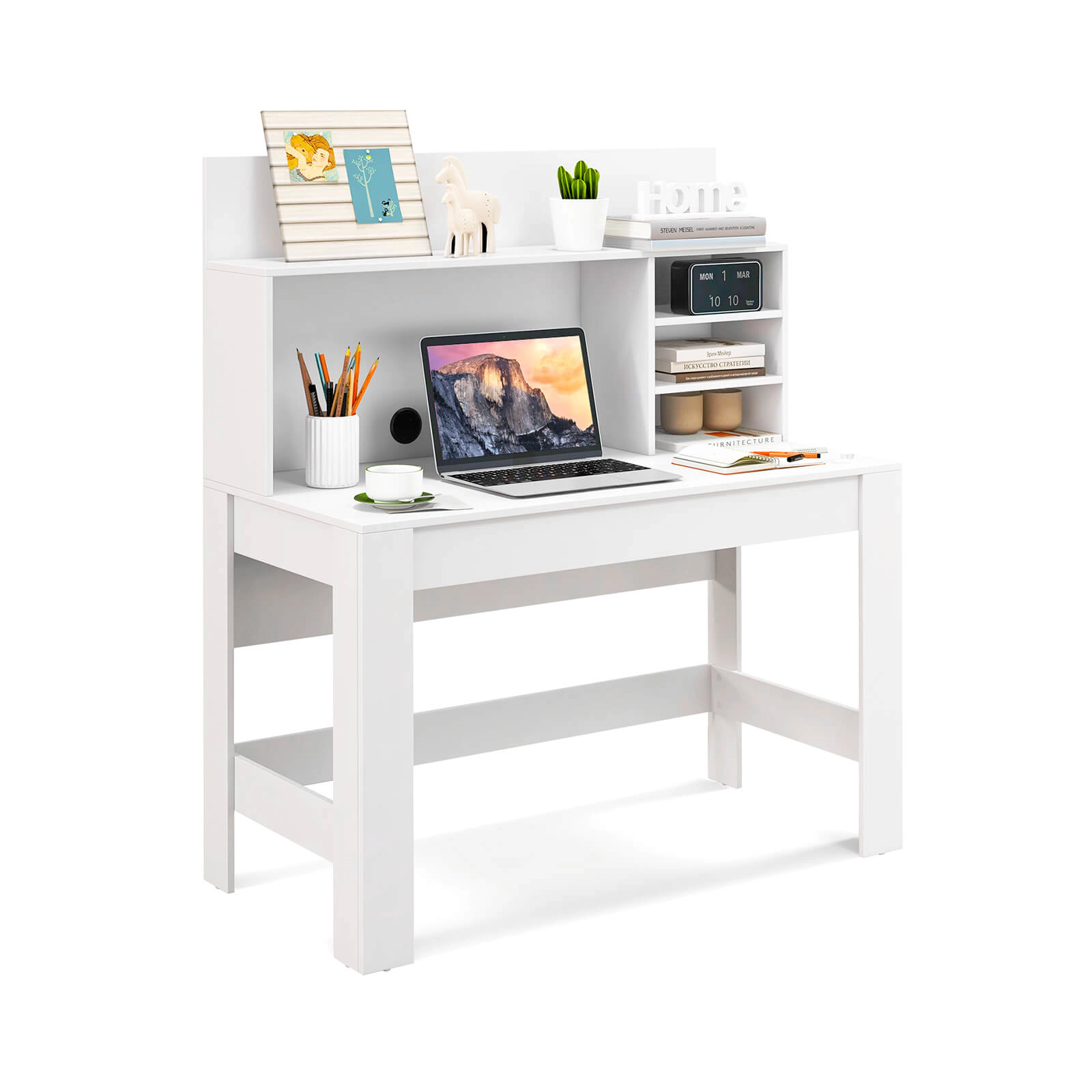 SUGIFT Writing Computer Desk Bookshelf 100-lb Desktop Capacity Anti-Tipping Kits Cable Management Hole Rustic Oak White