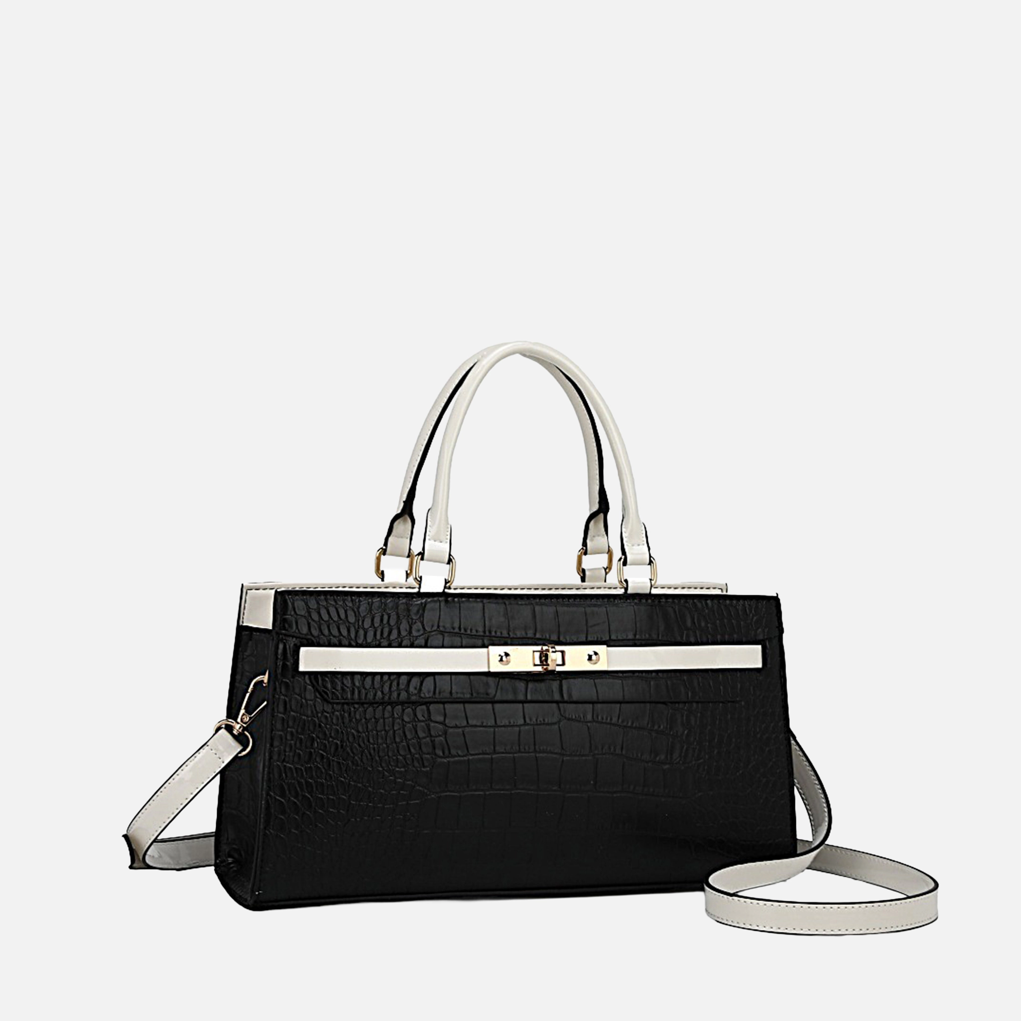 Faux Crocodile-Embossed Wide Satchel with Turn-Lock Clasp