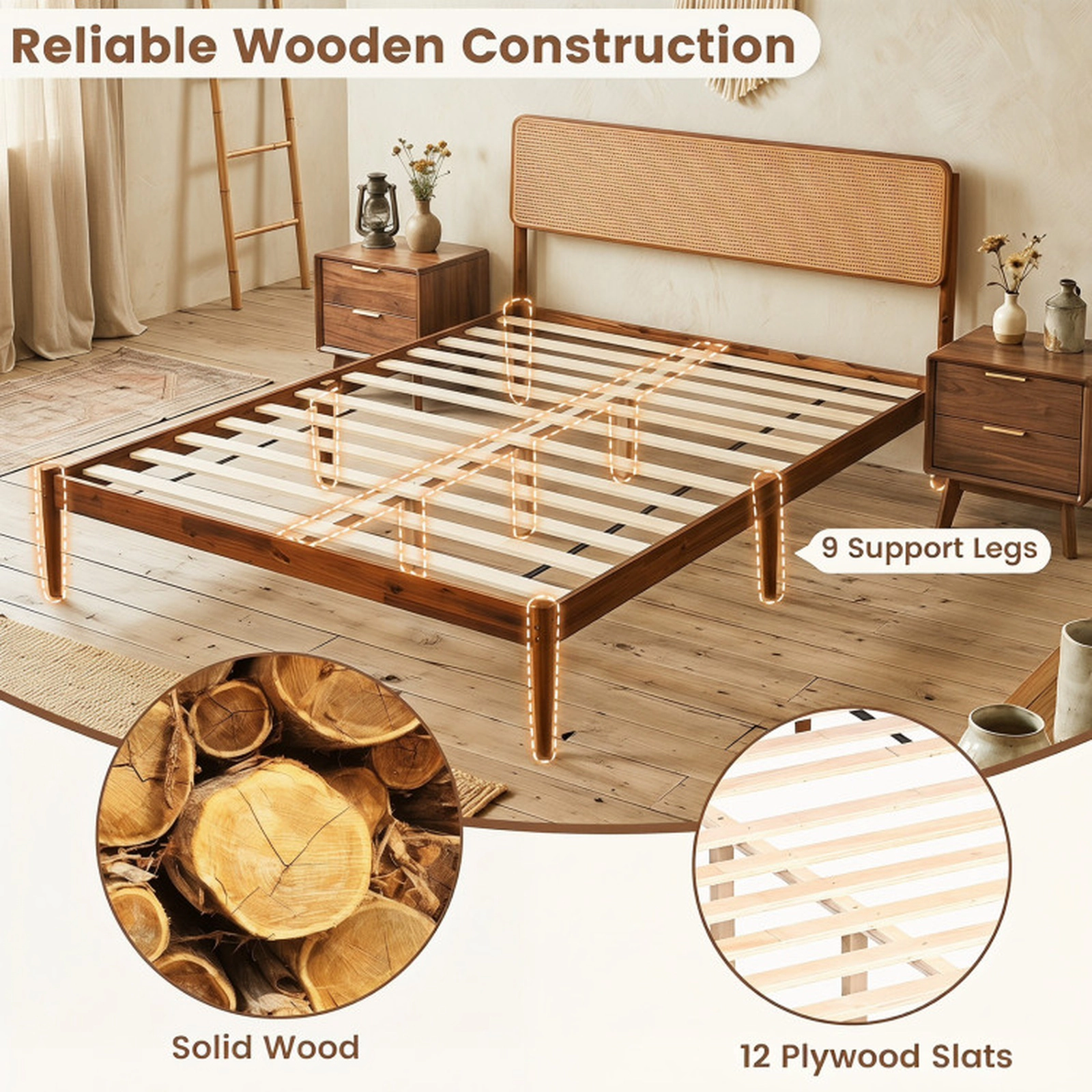 SUGIFT Full Size Brown Acacia Wood Boho Bed Frame with Rattan Headboard and 12 Slats 700-lb Frame Capacity