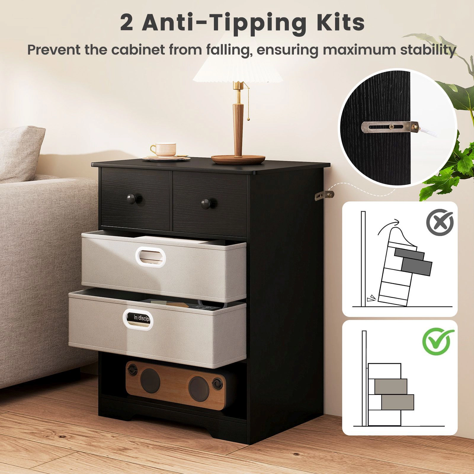 SlickBlue 4-Drawer Nightstand with Fabric Drawers and Open Shelf