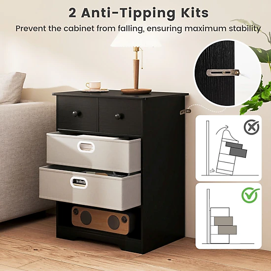 SlickBlue 4-Drawer Nightstand with Fabric Drawers and Open Shelf