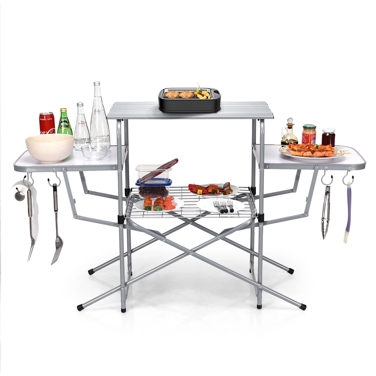 SUGIFT 57.5-Inch Foldable Grill Table, Aluminum Top, 2 Side Shelves, 4 Hooks, Paper Towel Holder, Carry Bag