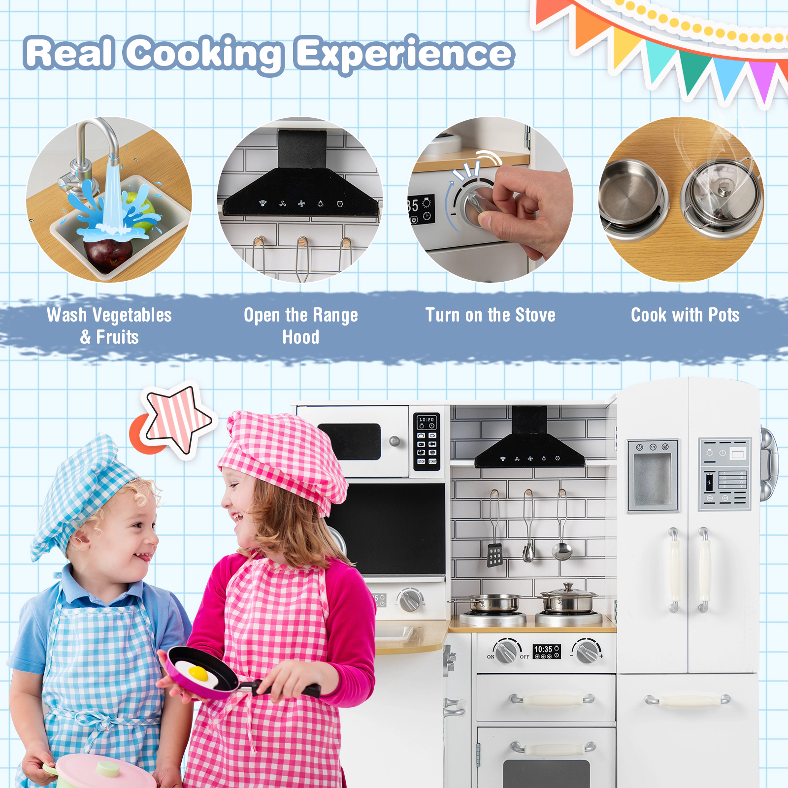 SUGIFT White Washing Machine Refrigerator and Telephone Kids Corner Wooden Play Kitchen