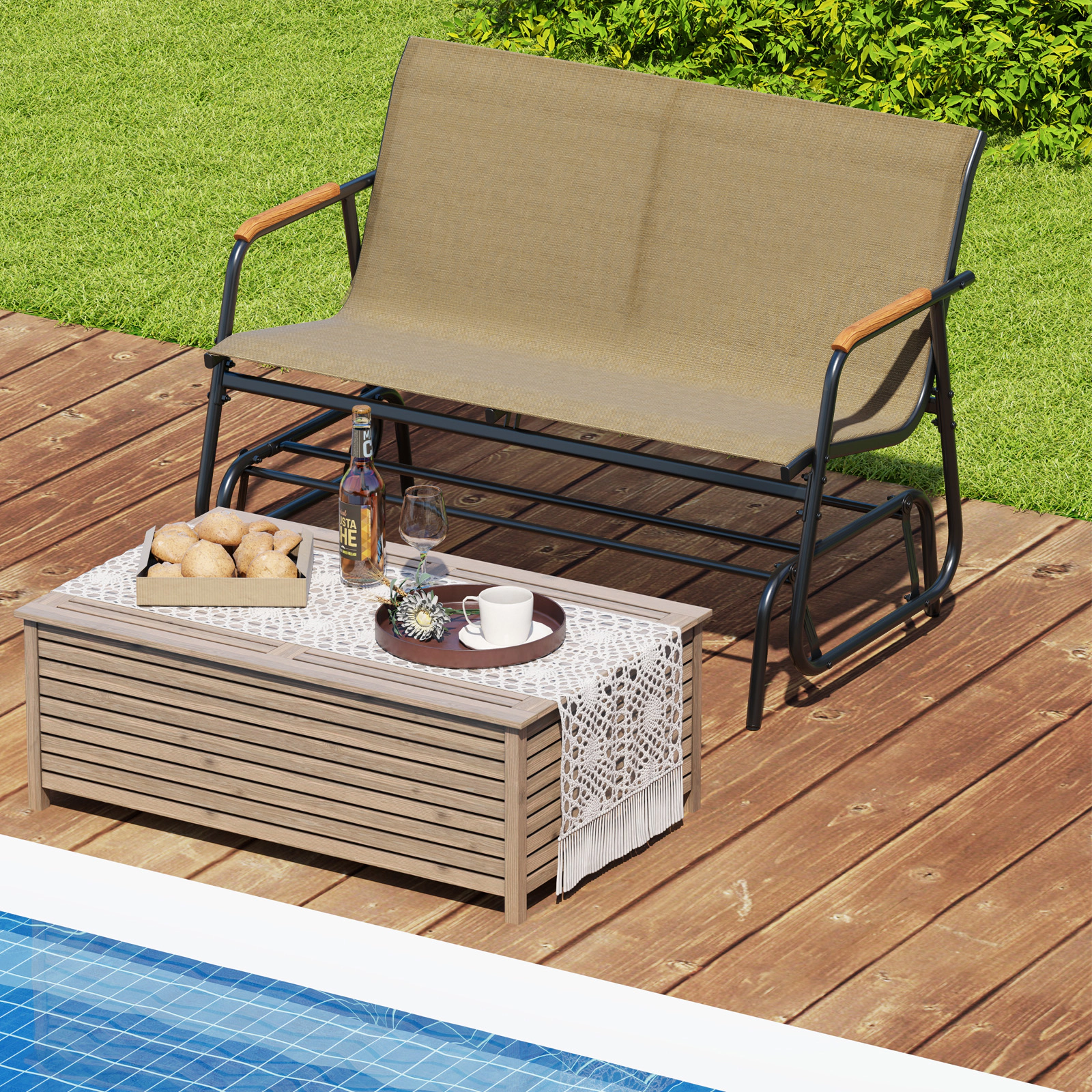 LJG Patio Glider Bench with Curved Teak Armrests and Breathable Fabric Seat for 2 People