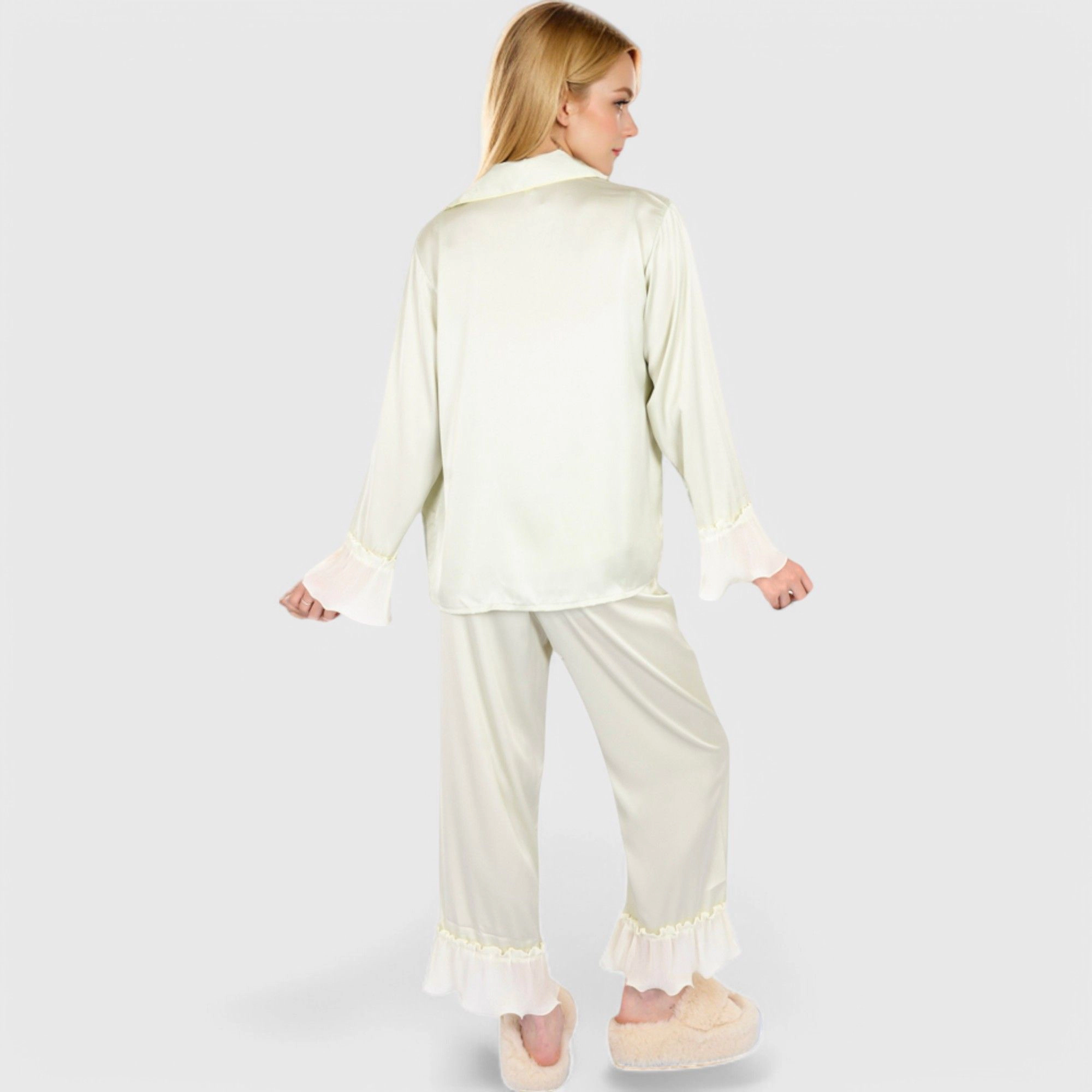 Anna-Kaci Women's Satin Pajama Set with Ruffled Cuffs and Button Up Top