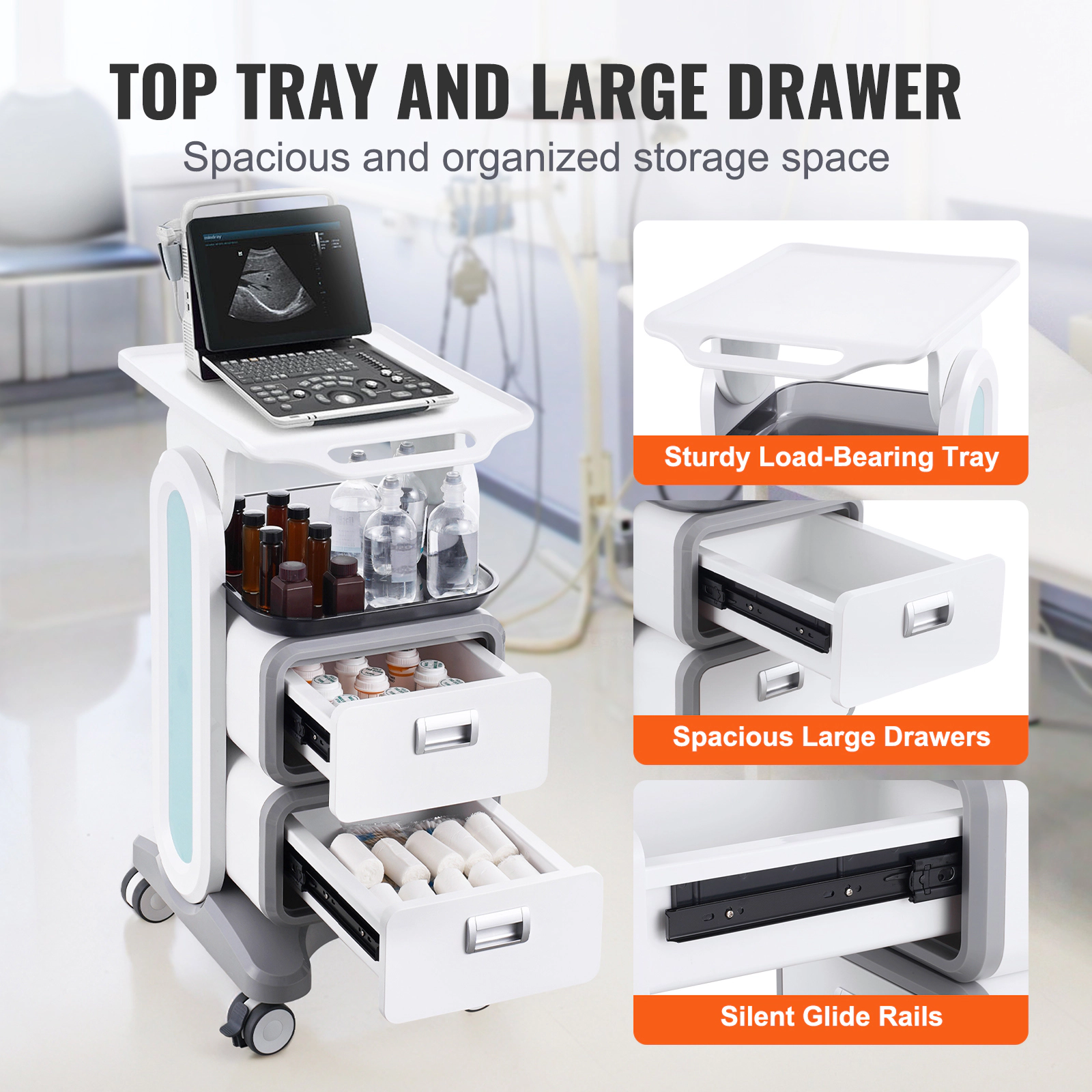HONGGE Lab Carts Lab Utility Cart with & 1 Top Tray Mobile Medical Cart with ABS Material Lab Rolling Cart with 4