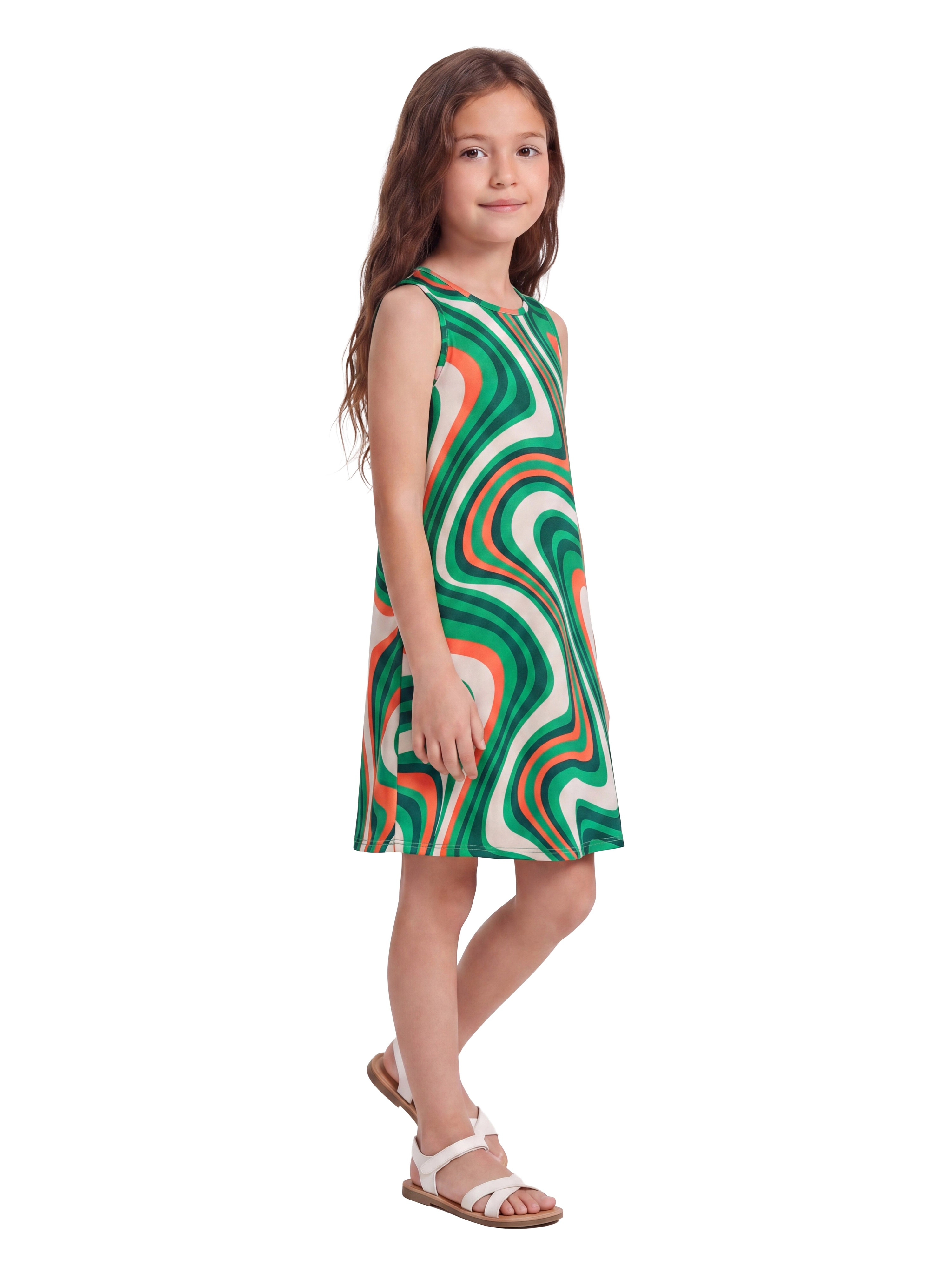 24sevenKid Essential Girls Green Print Sleeveless Pockets Dress