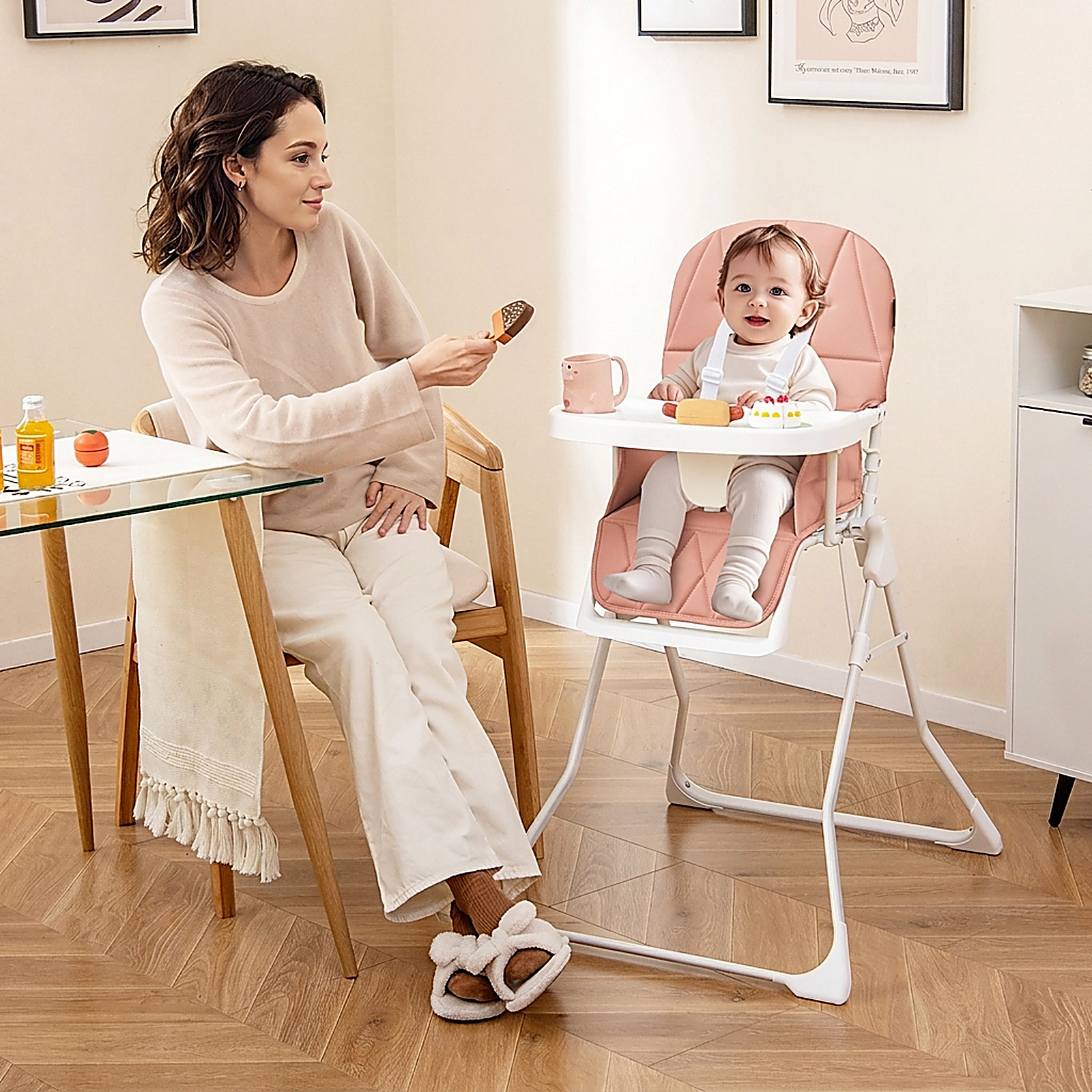 SUGIFT Pink Removable Tray and PU Seat Cushion Compact Folding Baby High Chair