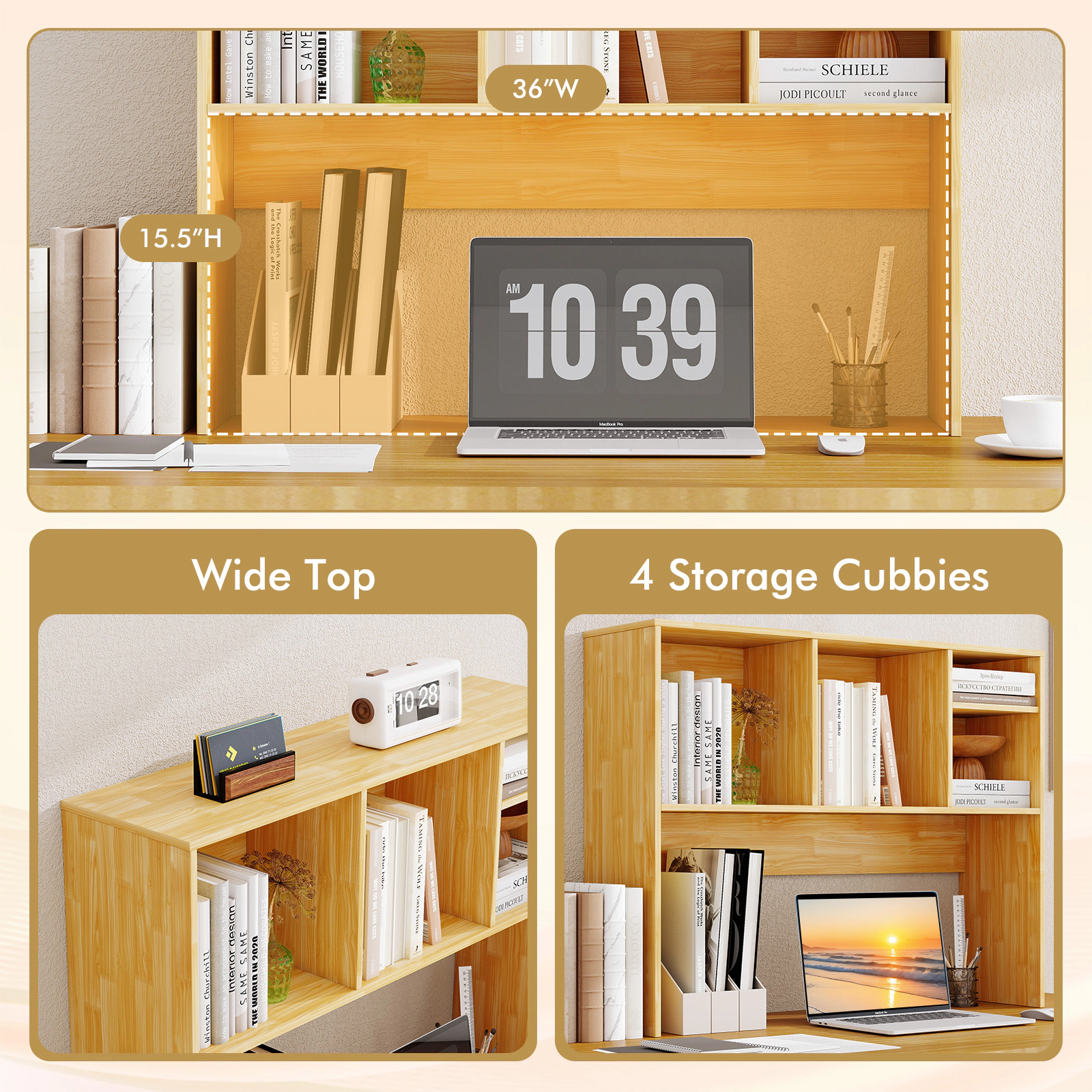 SUGIFT Desktop Bookcase with 4 Cubbies and Open Back Compartment 145-lb Capacity Beige