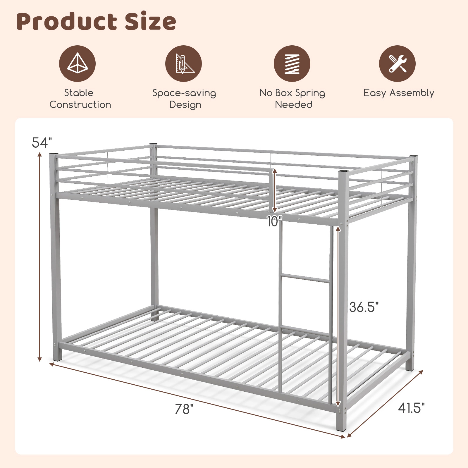 SUGIFT Twin-Over-Twin Low-Profile Metal Bunk Bed, Silver