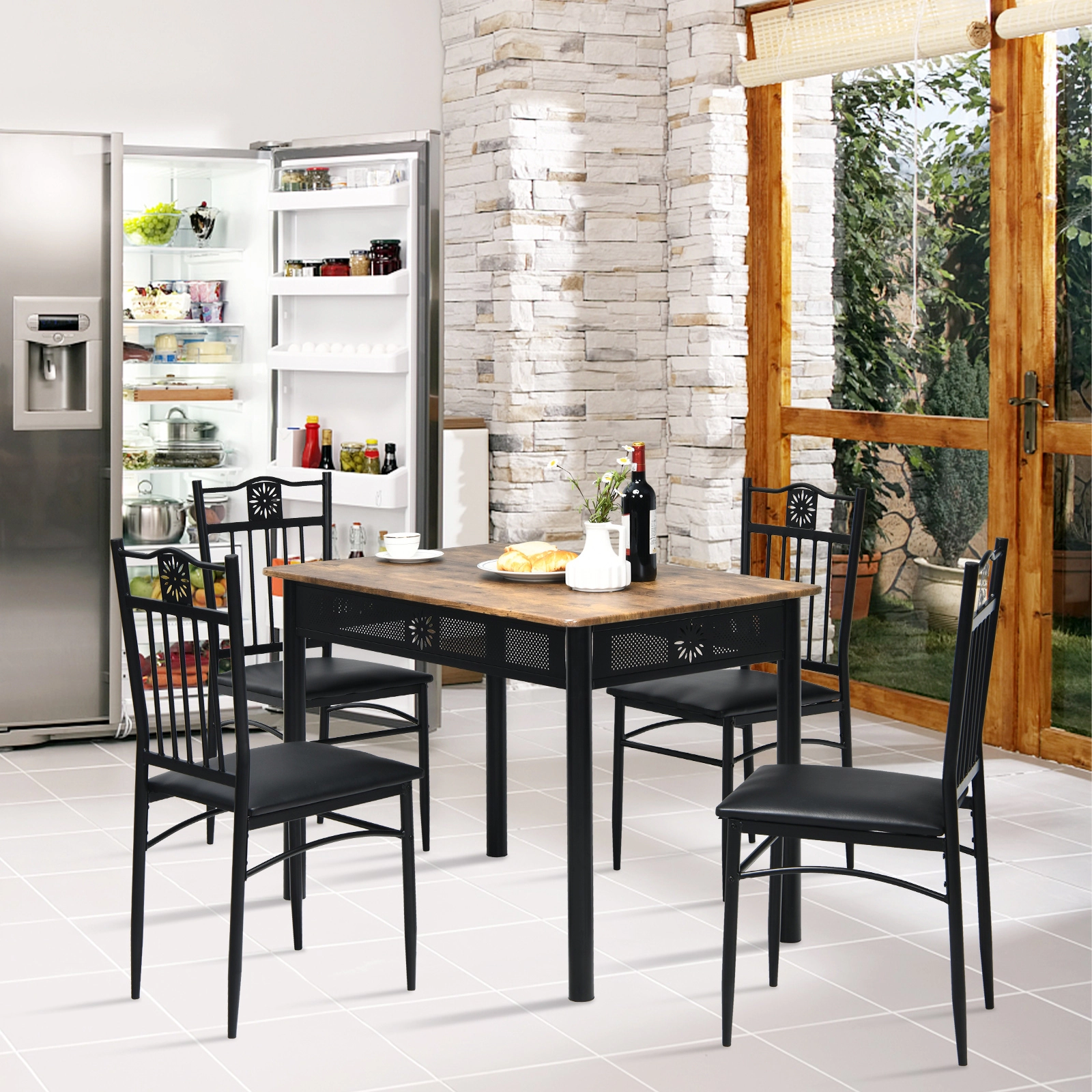 LJG 5 Pcs Dining Set Wood Metal Table and 4 Chairs with Cushions