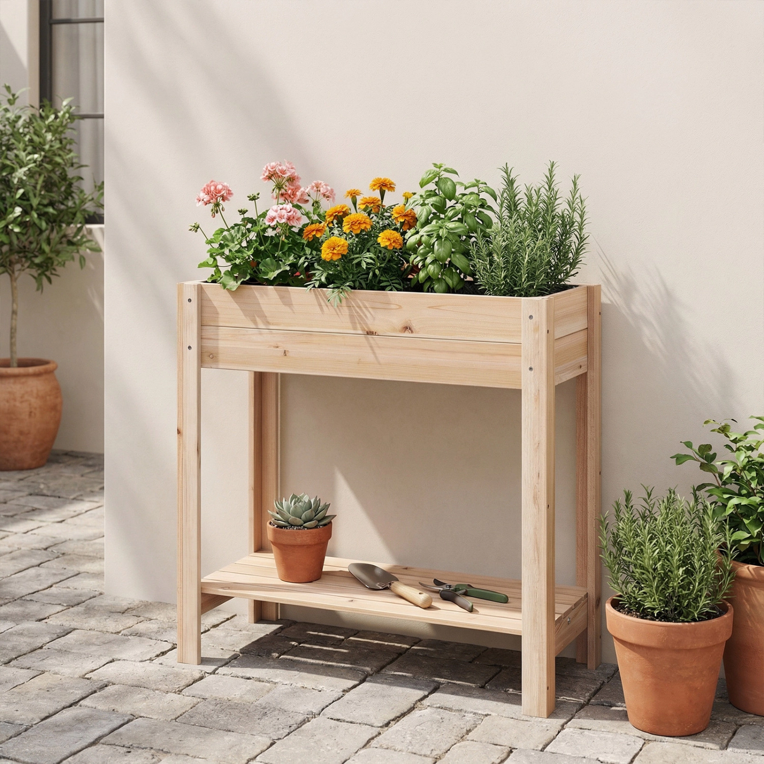 LJG Wooden Raised Garden Bed with Legs and Storage Shelf