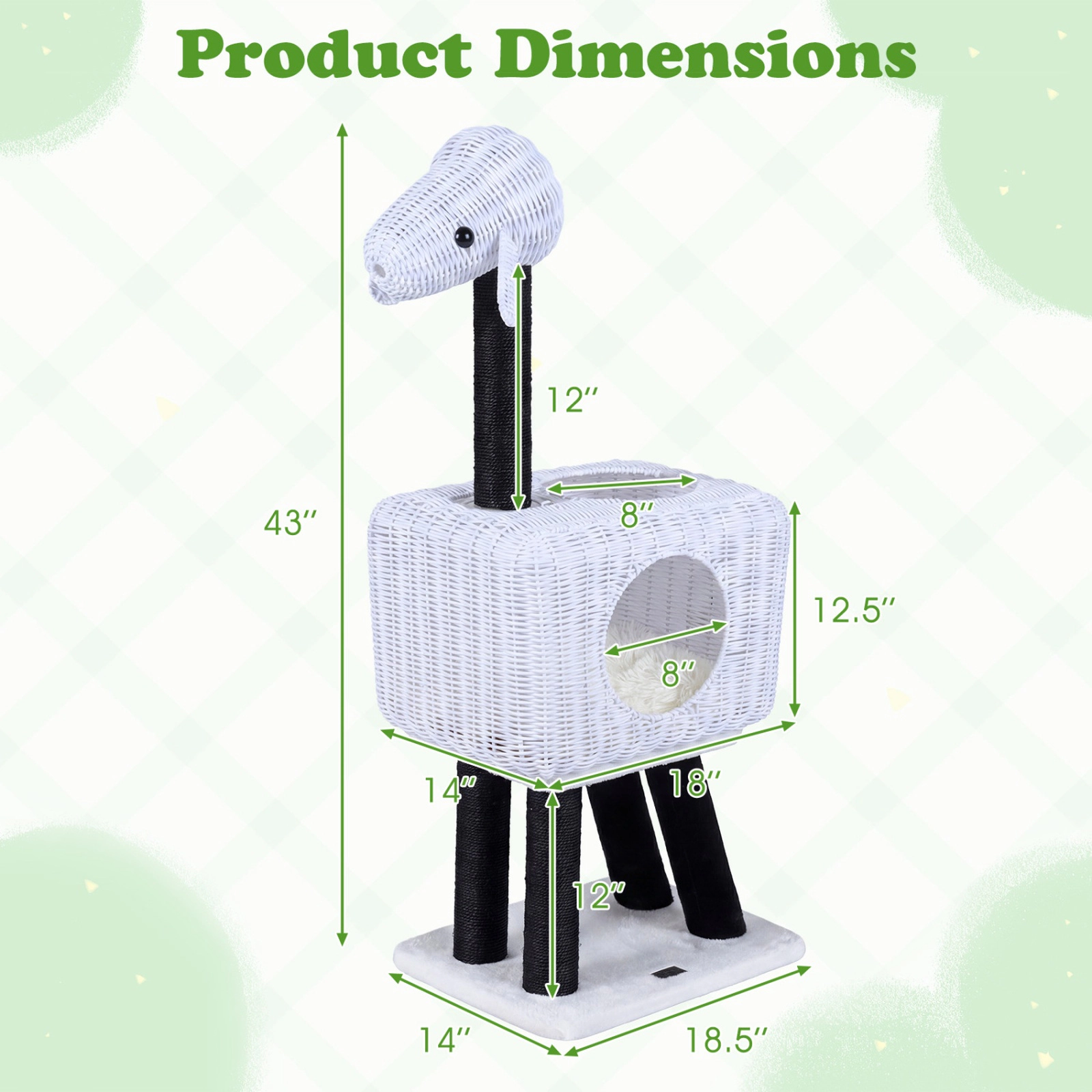 SUGIFT 43-in Lamb-Shaped Cat Tree Tower with 2-Door PE Rattan Condo Sisal Posts and 44-lb Rated Condo