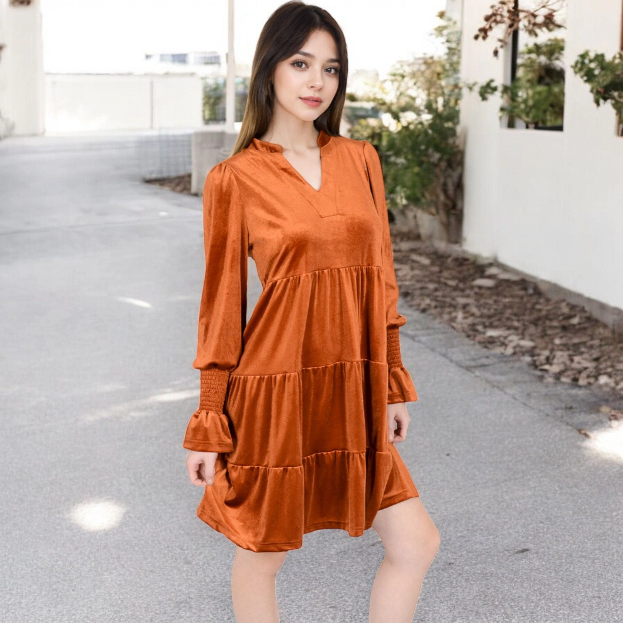 Anna-Kaci Women's Tiered A-Line Long Sleeves Smocked Cuffs Dress