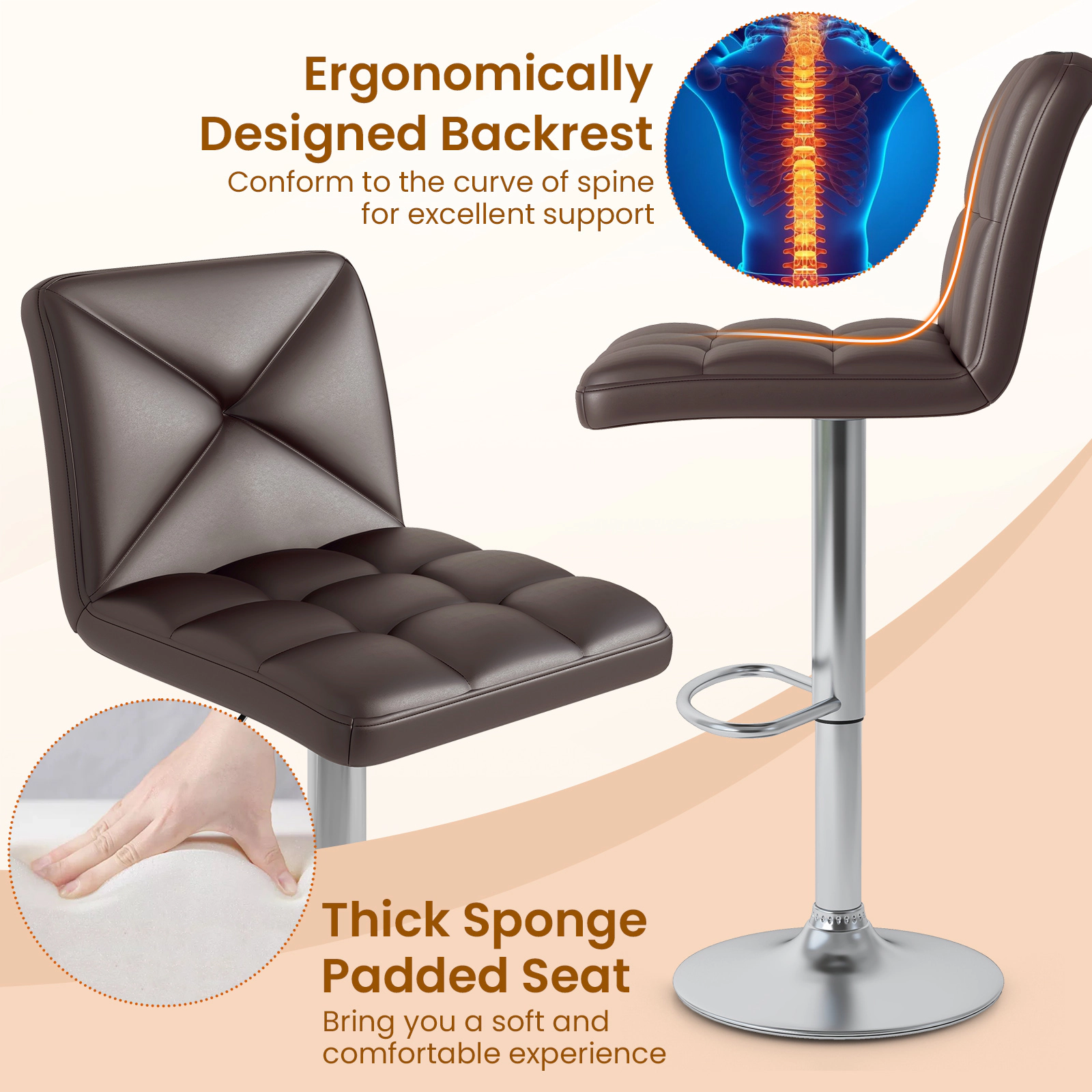 LJG PU Leather Upholstered Bar Stools Set of 2 with Back and Adjustable Height