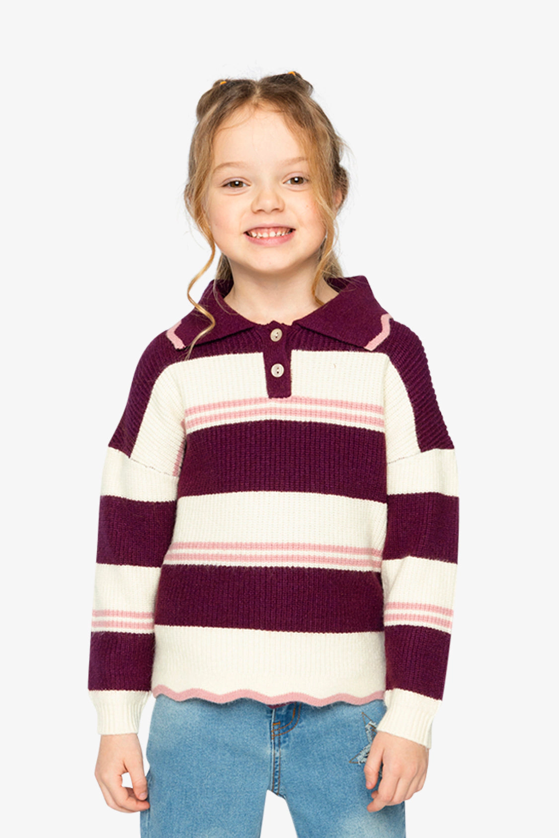 Deux par Girls Striped Scalloped Collar Sweater