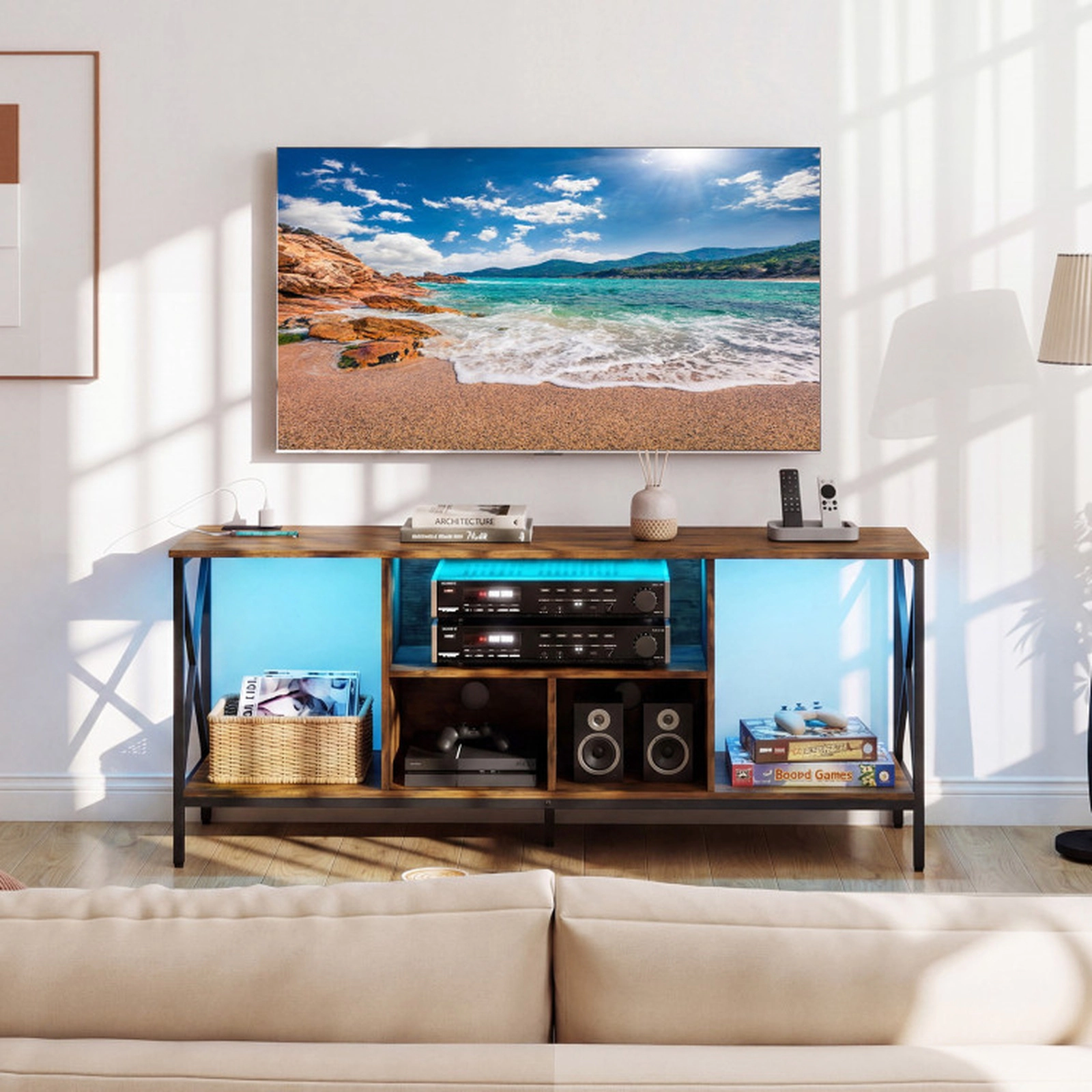 SUGIFT 59-In TV Stand for TVs Up to 65 Inches, LED Lights, Power Outlets, USB Charging, 5 Open Bays