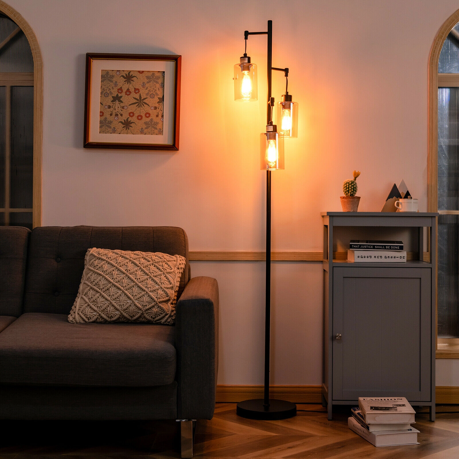 SUGIFT 3-Head Amber Glass Shade Foot Switch Retro Floor Lamp 64.5-in Tall 9.5-in Base 60W Max E26 Socket Black