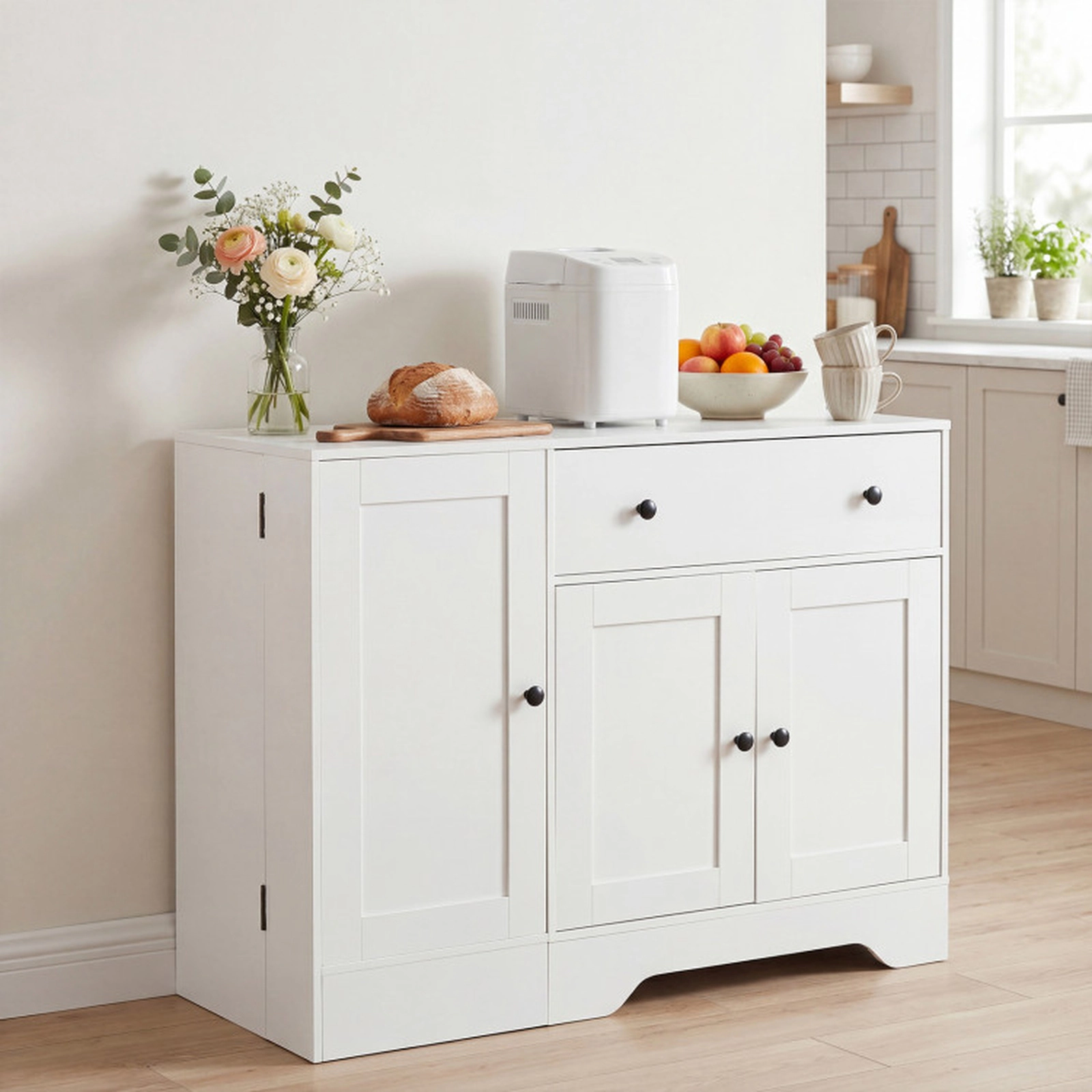 SUGIFT 41.5-in Lockable Rolling Wheel Door 3 Shelves Drawer Coffee Bar Cabinet 16-in D x 33-in H 290-lb Capacity White