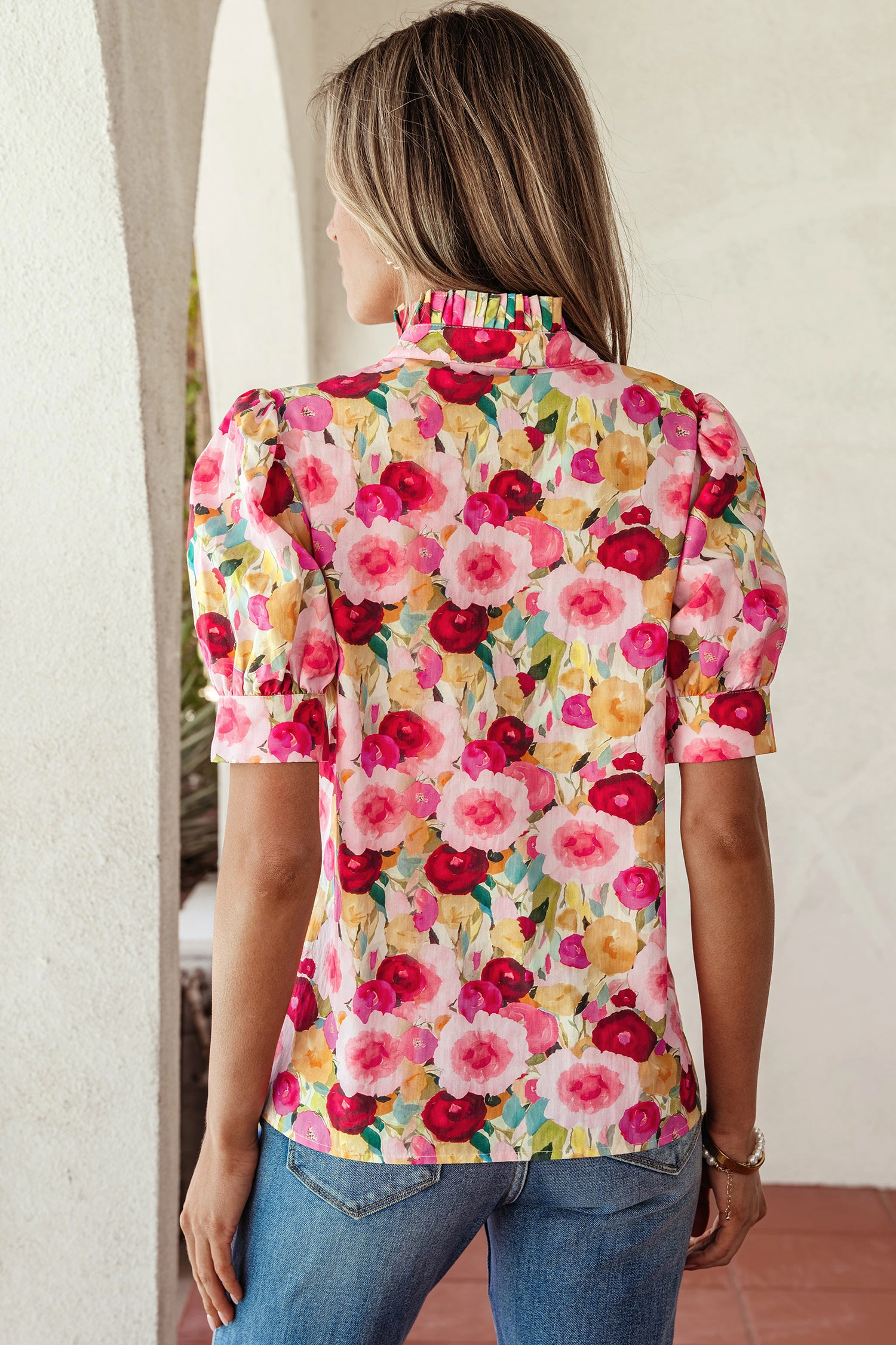 Threaded Pear Charleigh Puff Short Sleeve Floral Blouse