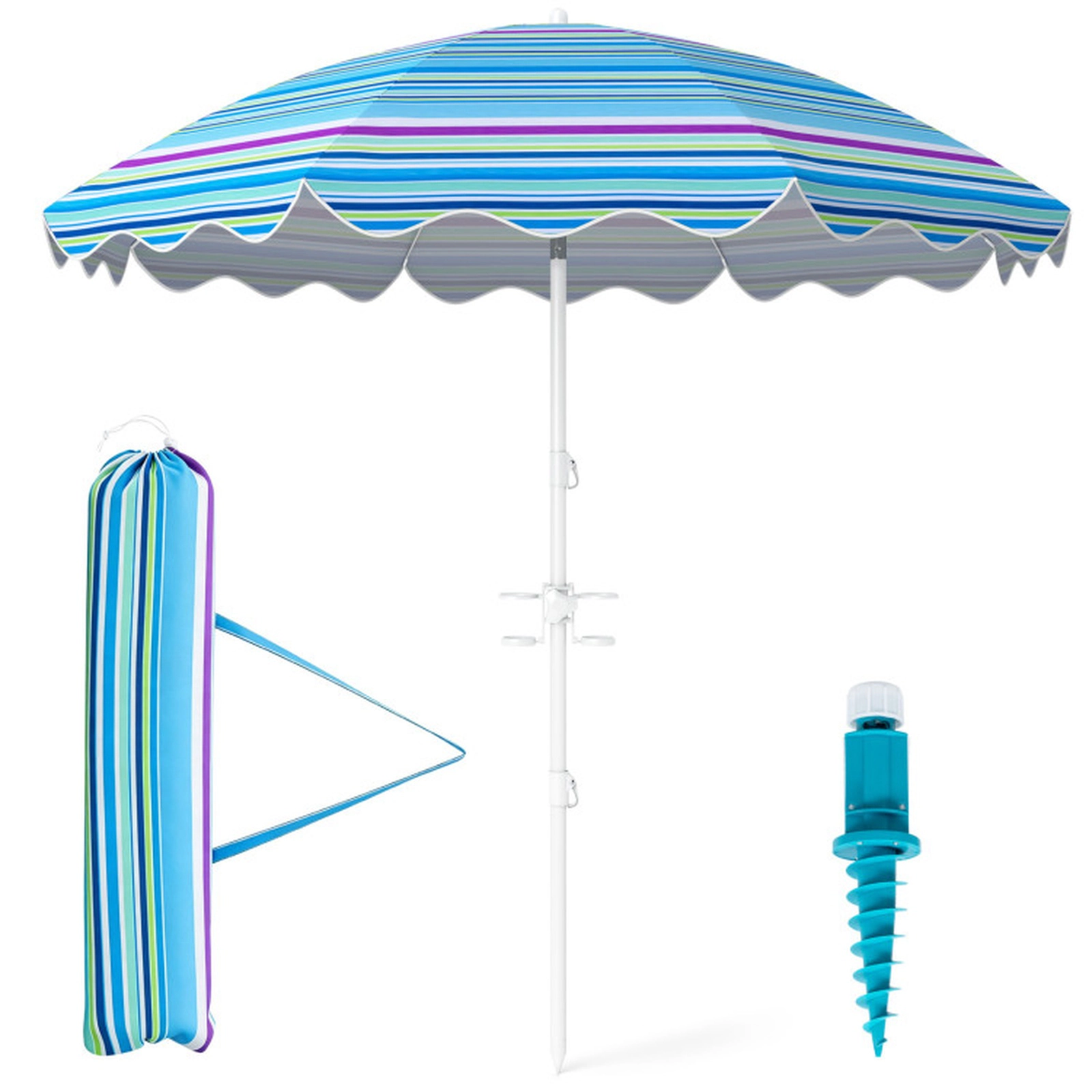 SUGIFT UPF 50+ 6.5-ft Beach Umbrella with Sand Anchor, Tilt Function, Cup Holders and Carrying Bag 4-Piece Set Blue