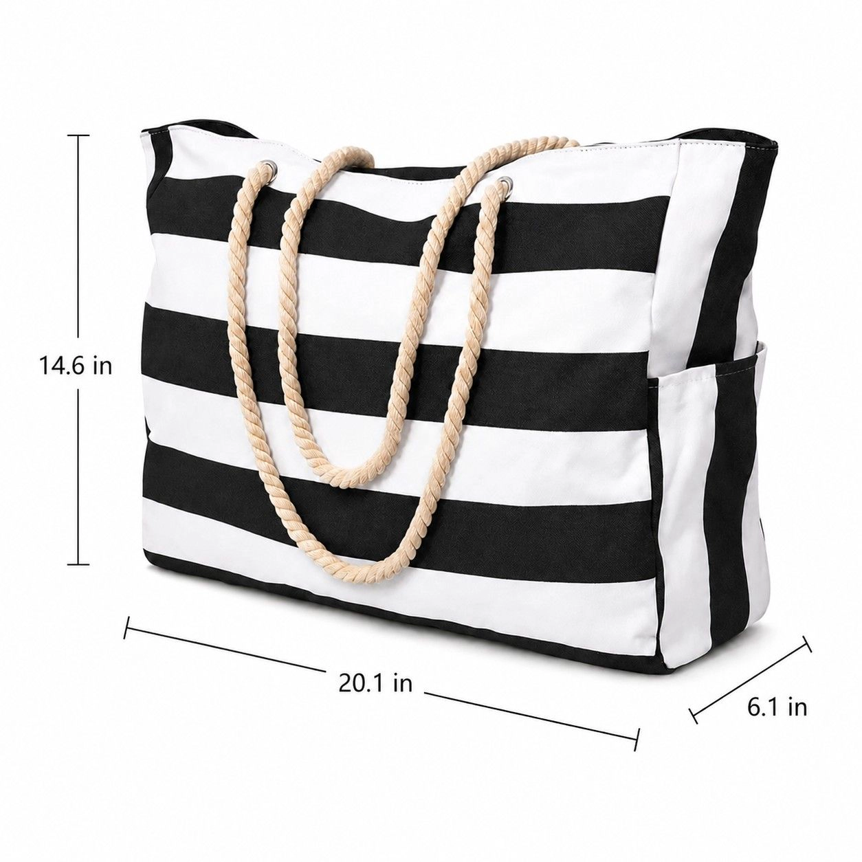 Alilang Women's Striped Beach Tote Bag with Zip Closure Rope Handles and Side Pockets, Black