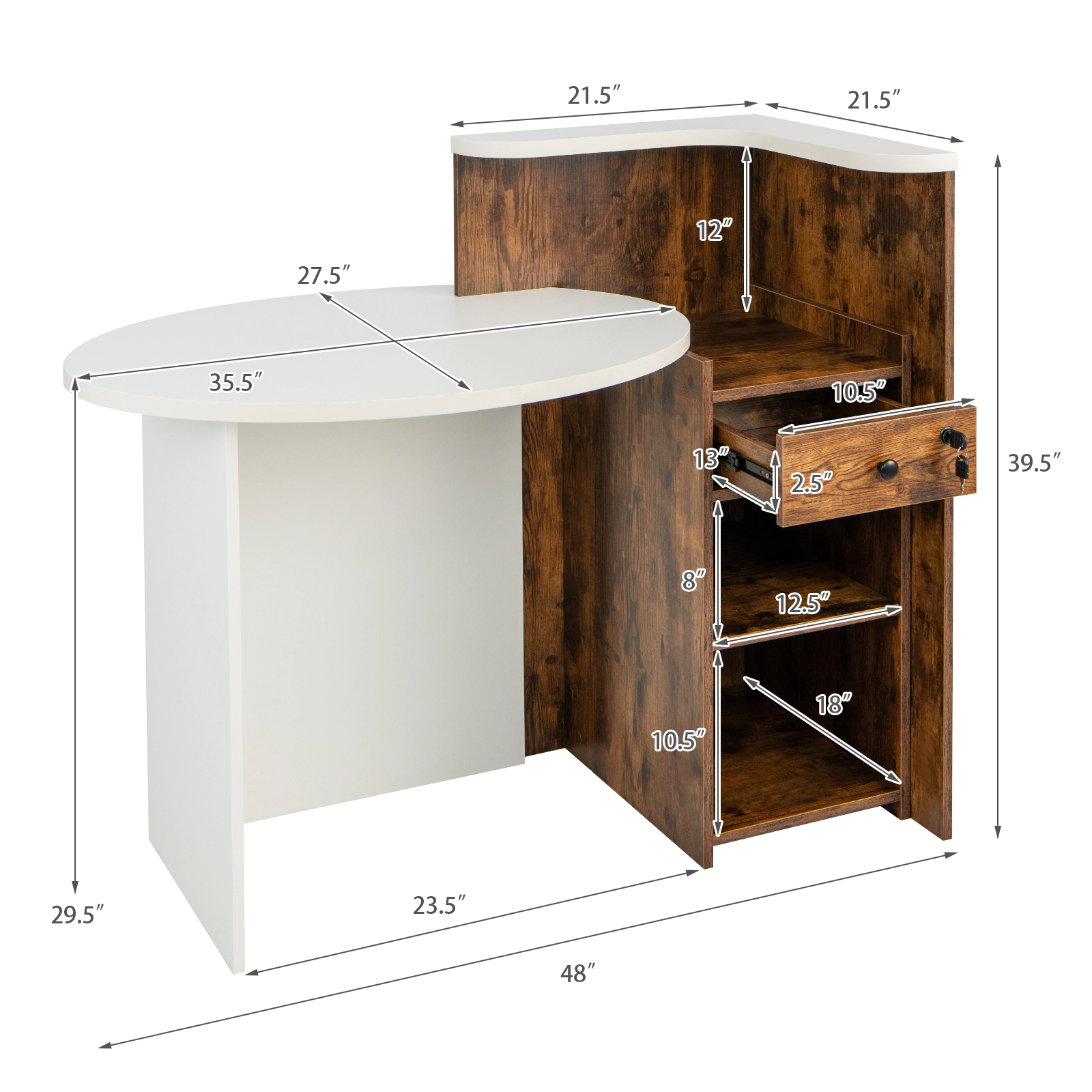 SUGIFT 110-lb Capacity 48-in Front Desk with Oval Counter Top Lockable Drawer and L-Shaped Corner Shelf