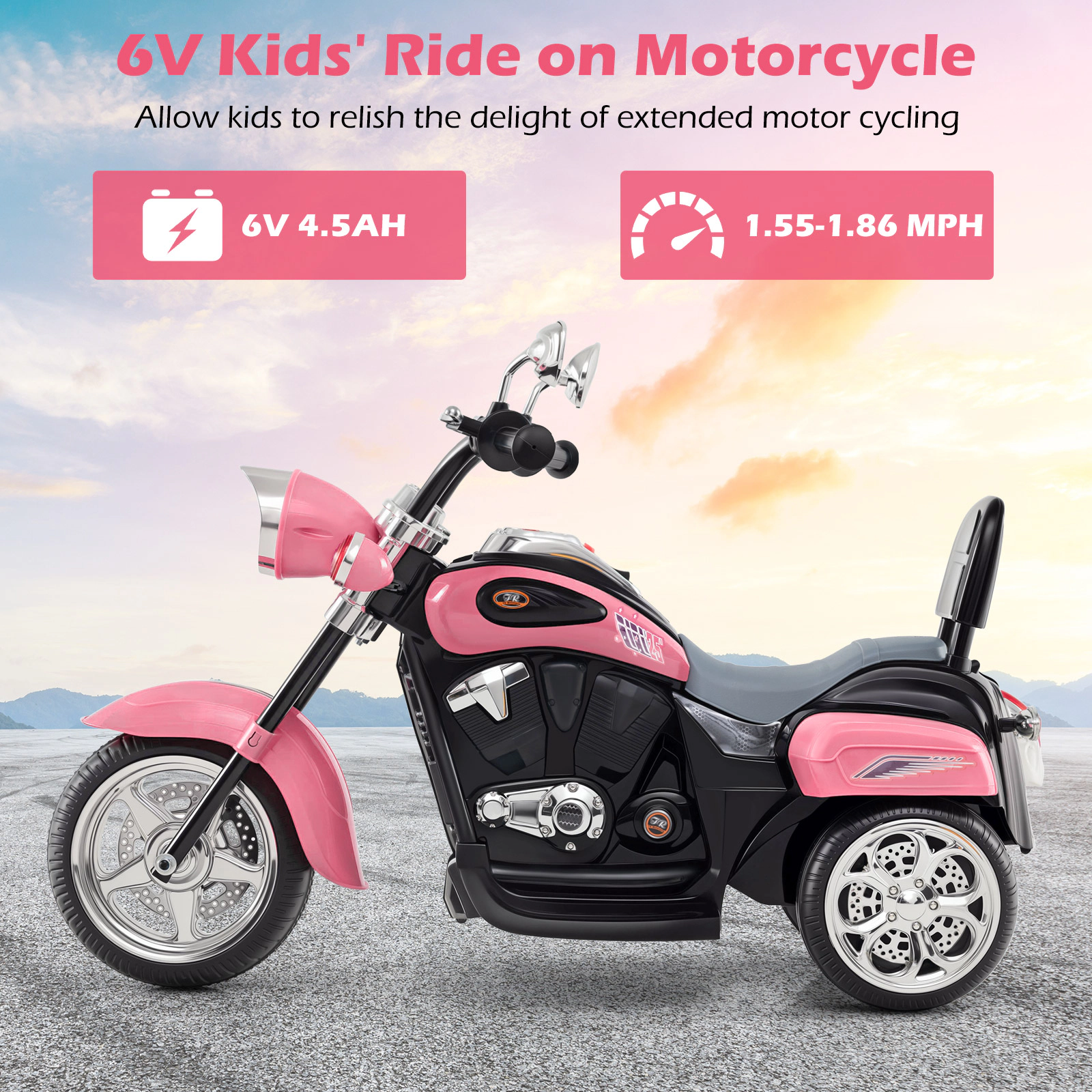SUGIFT 6V Powered Toddler 3-Wheel Motorbike Ride On Toy with Horn and Headlight 66-lb Capacity Ages 3+ Heart Pink