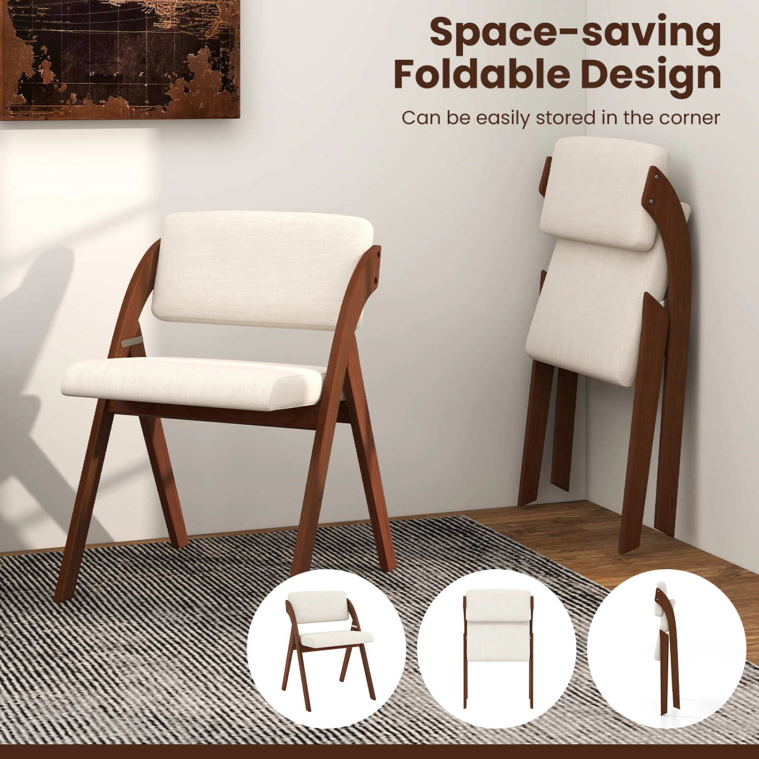 LJG Set of 4 Folding Kitchen Dining Chairs with Rubber Wood Legs
