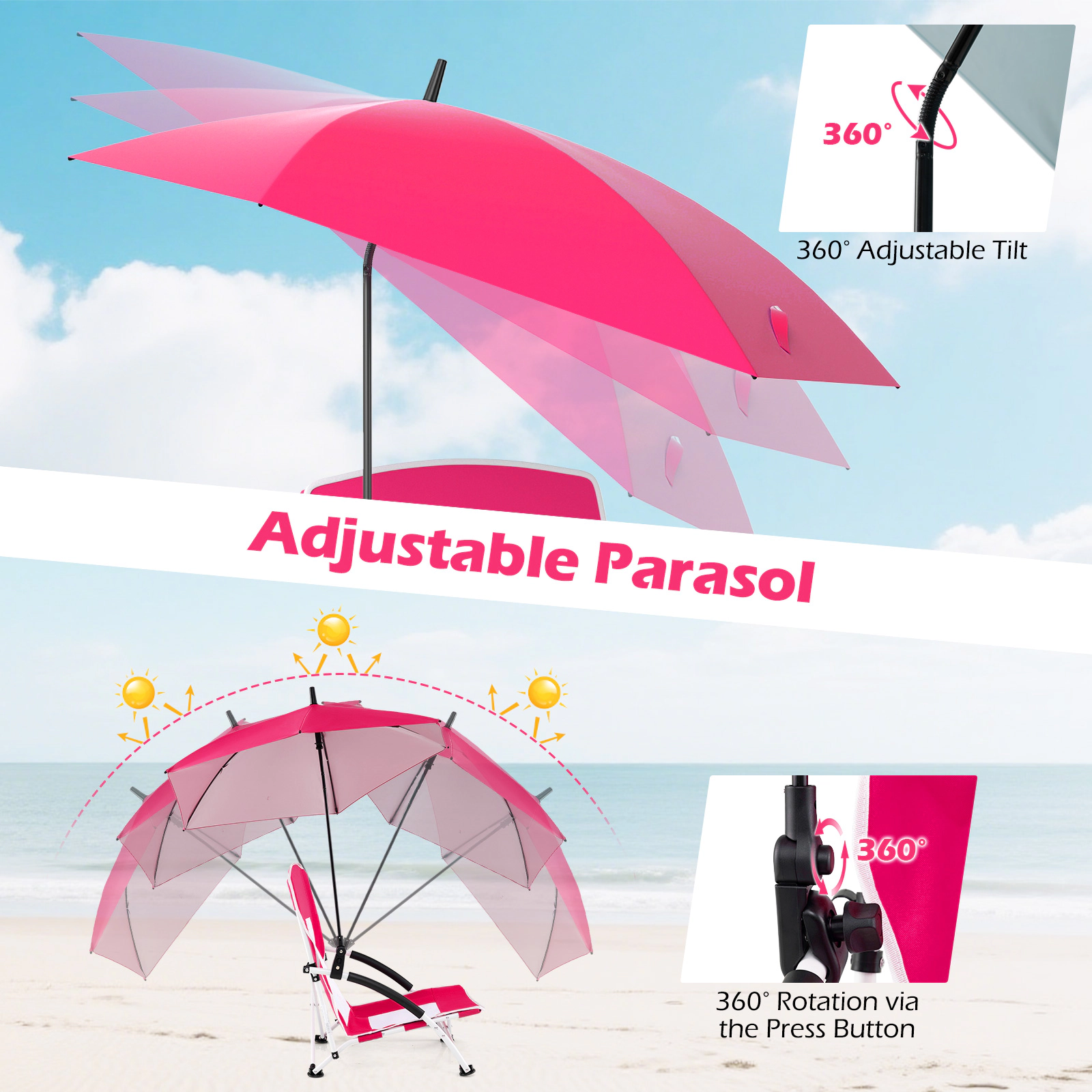 SUGIFT Set of 2 Low-Profile Beach Chairs with Detachable UPF 50 Umbrellas