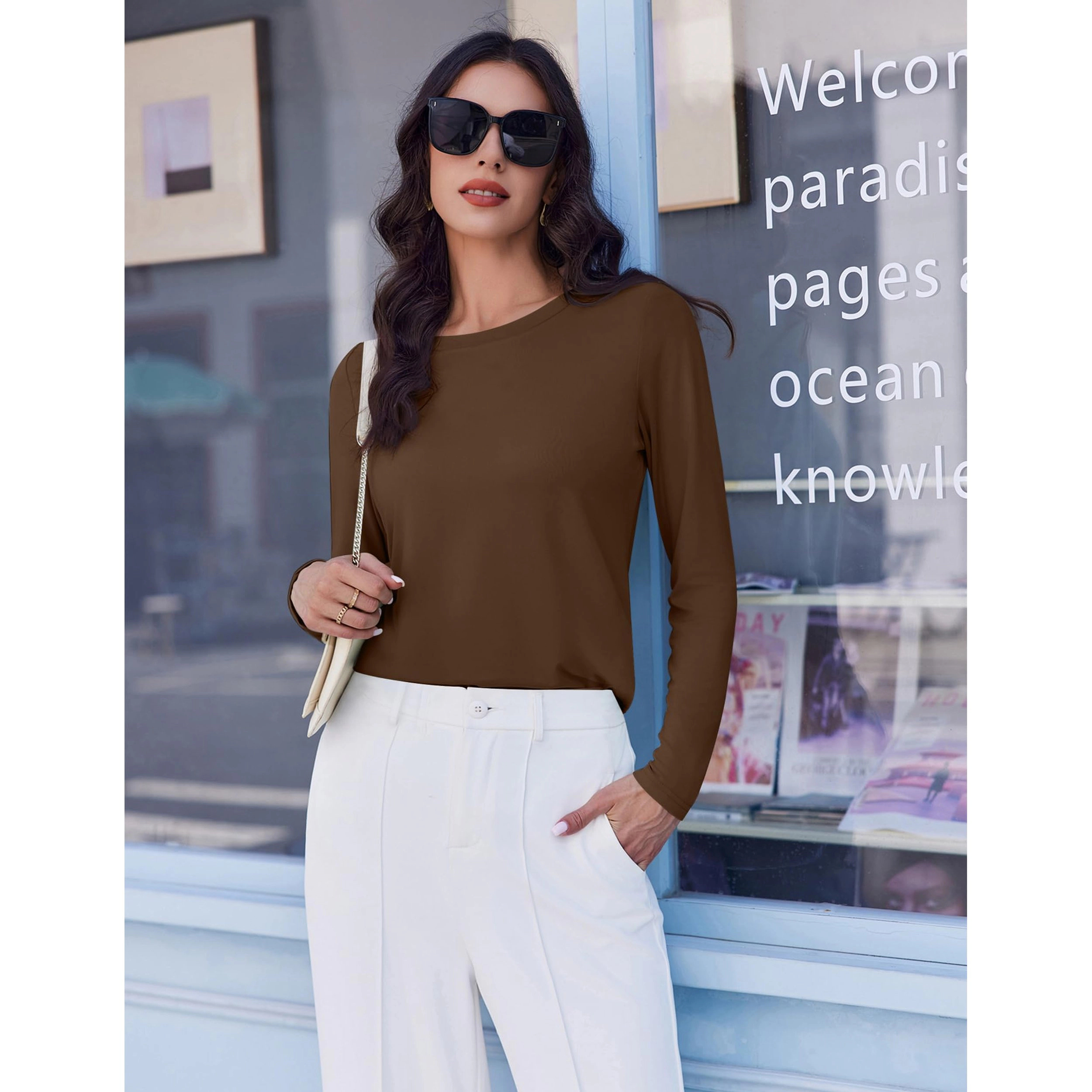 Ekouaer Women's Crew Neck Long Sleeve T-Shirt Loose Fit Basic Tops