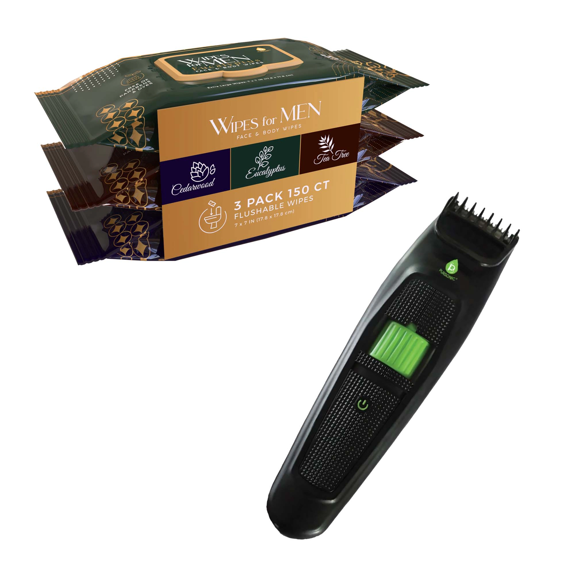 Pursonic Men's Grooming & Freshness Care Bundle Refresh Face and Body Wipes & Rechargeable Beard and Body Trimmer