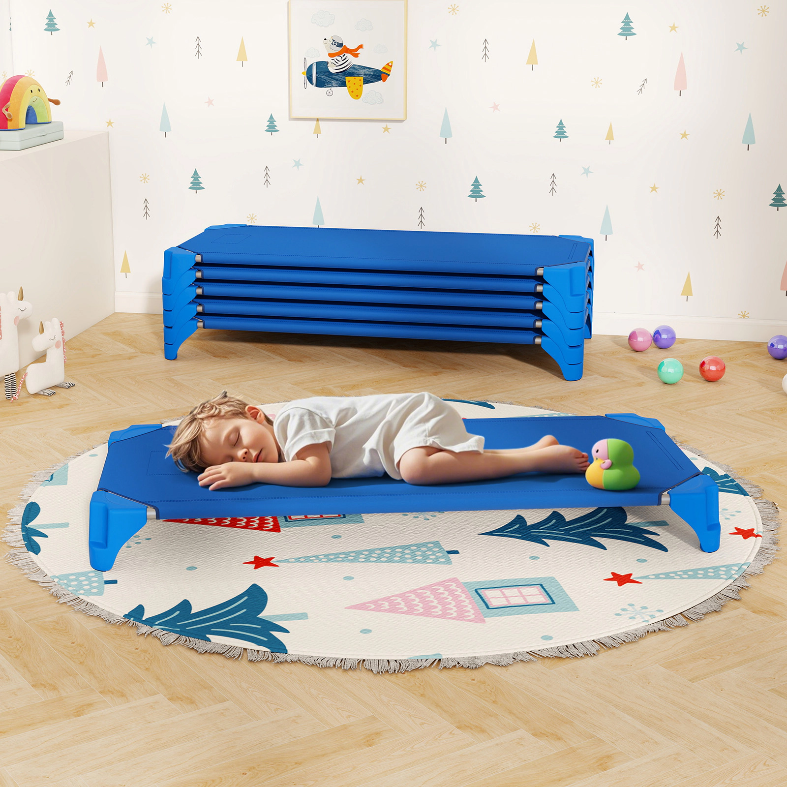 SUGIFT 6-Pack Blue Stackable Daycare Cots, 52 x 23.5 in, Portable Toddler Nap Beds