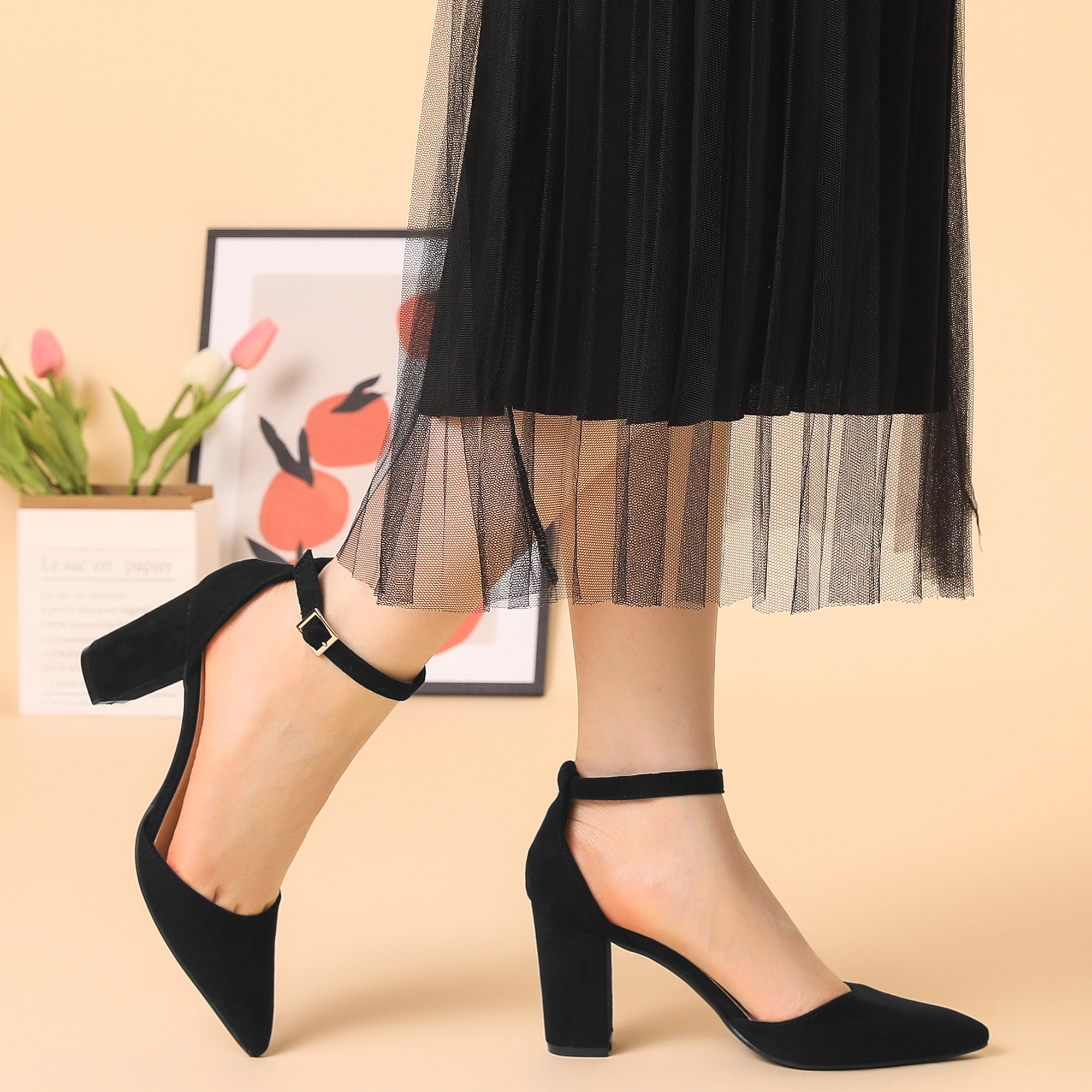 BLISSFUL STEP Women's Ankle Strap Pointed Toe Block Heels Pumps