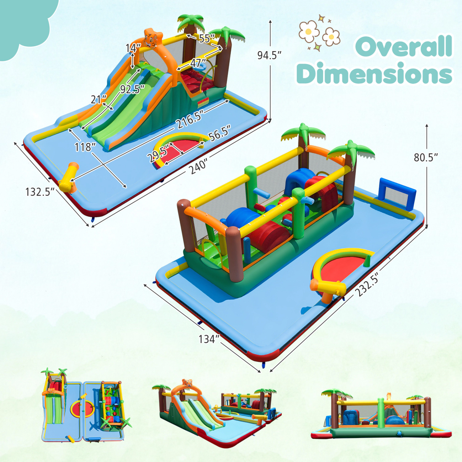 LJG Kids Tiger Inflatable Water Park Obstacle Bounce House with 2 Blower