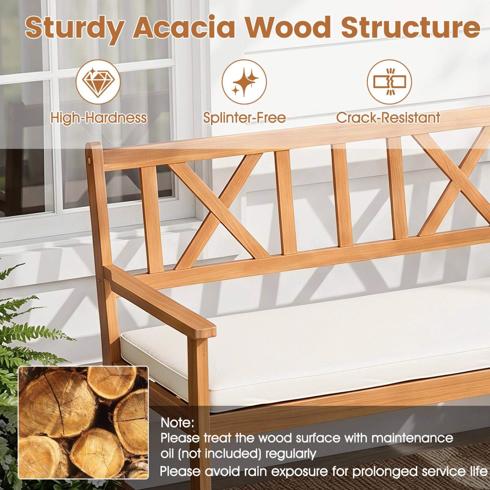 SUGIFT 2-Person Patio Garden Bench with Armrests & Removable Seat Cushion 800-Lb Capacity Natural Bench & White Cushion
