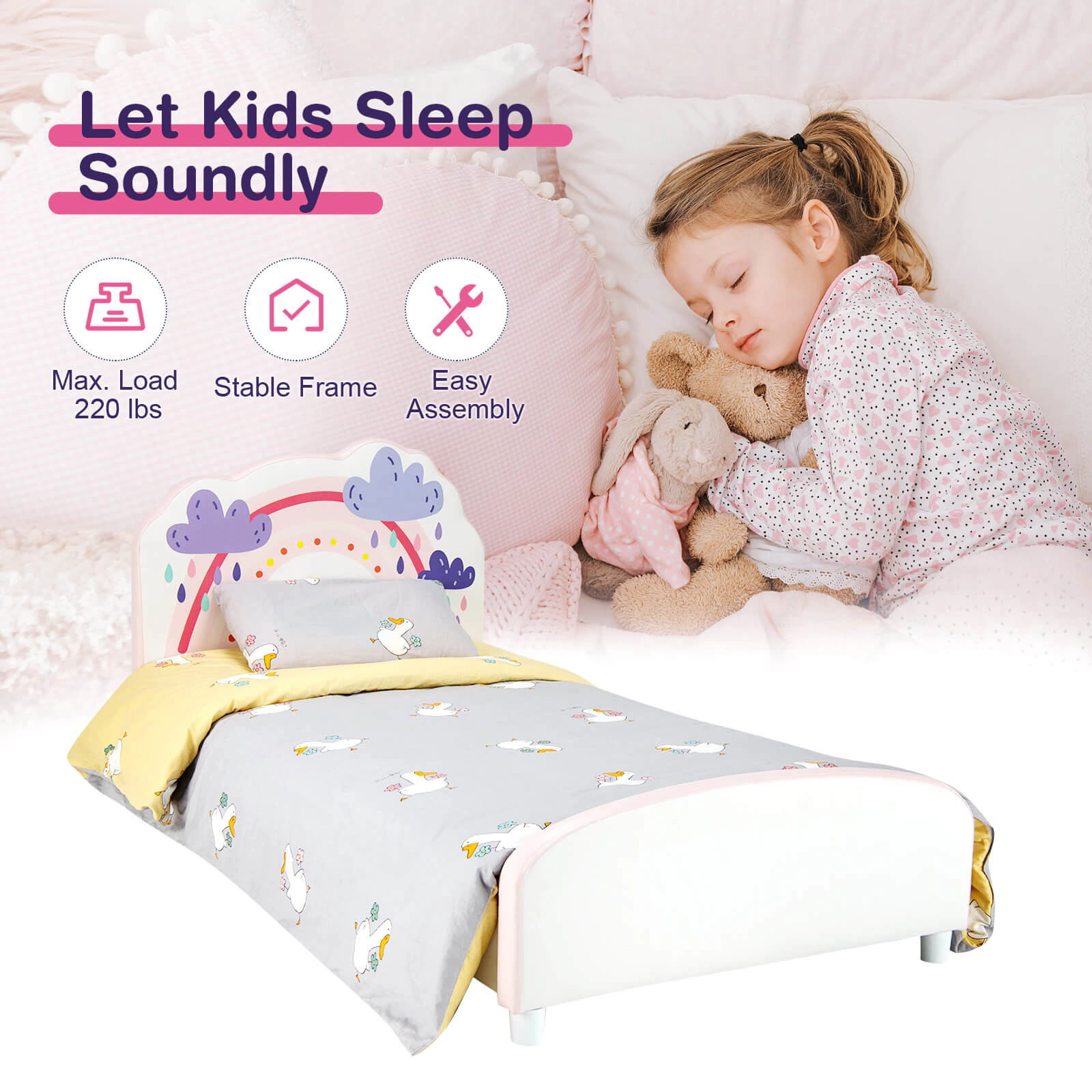 SUGIFT Kids Twin Size Upholstered Wooden Platform Toddler Bed 350-Lb Capacity Ages Over 3 Years White