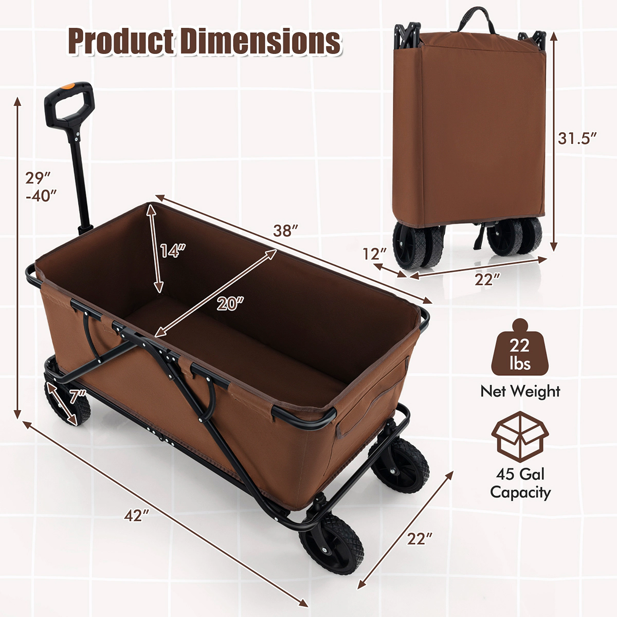 SUGIFT Coffee 45 Gallon Collapsible Folding Utility Wagon with Adjustable Handlebar 38-in W 20-in D 14-in H