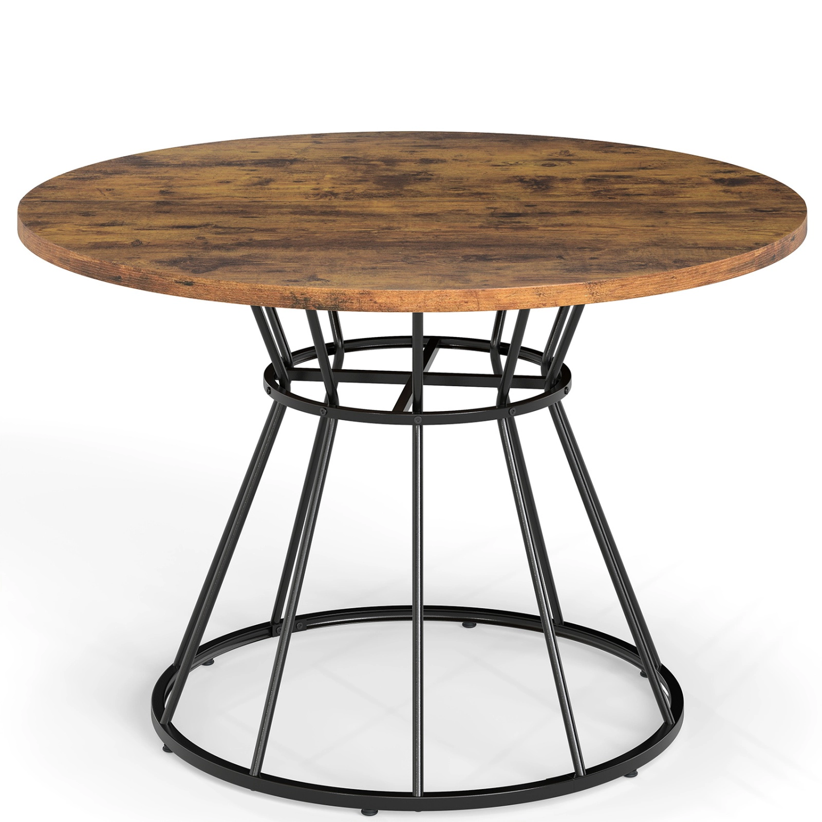 SUGIFT 47-Inch Brown Round Farmhouse Dining Table, Wooden Top, Curved Metal Base, Seats 4 to 6