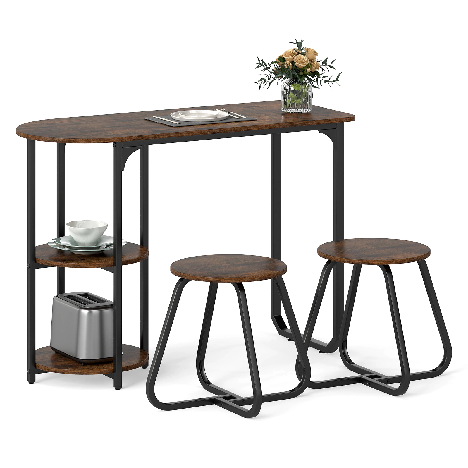 SUGIFT 3-Piece Industrial Dining Table Set with Shelves 88-lb Table Capacity 330-lb Stools Rustic Brown and Black