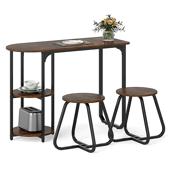 SUGIFT 3-Piece Industrial Dining Table Set with Shelves 88-lb Table Capacity 330-lb Stools Rustic Brown and Black