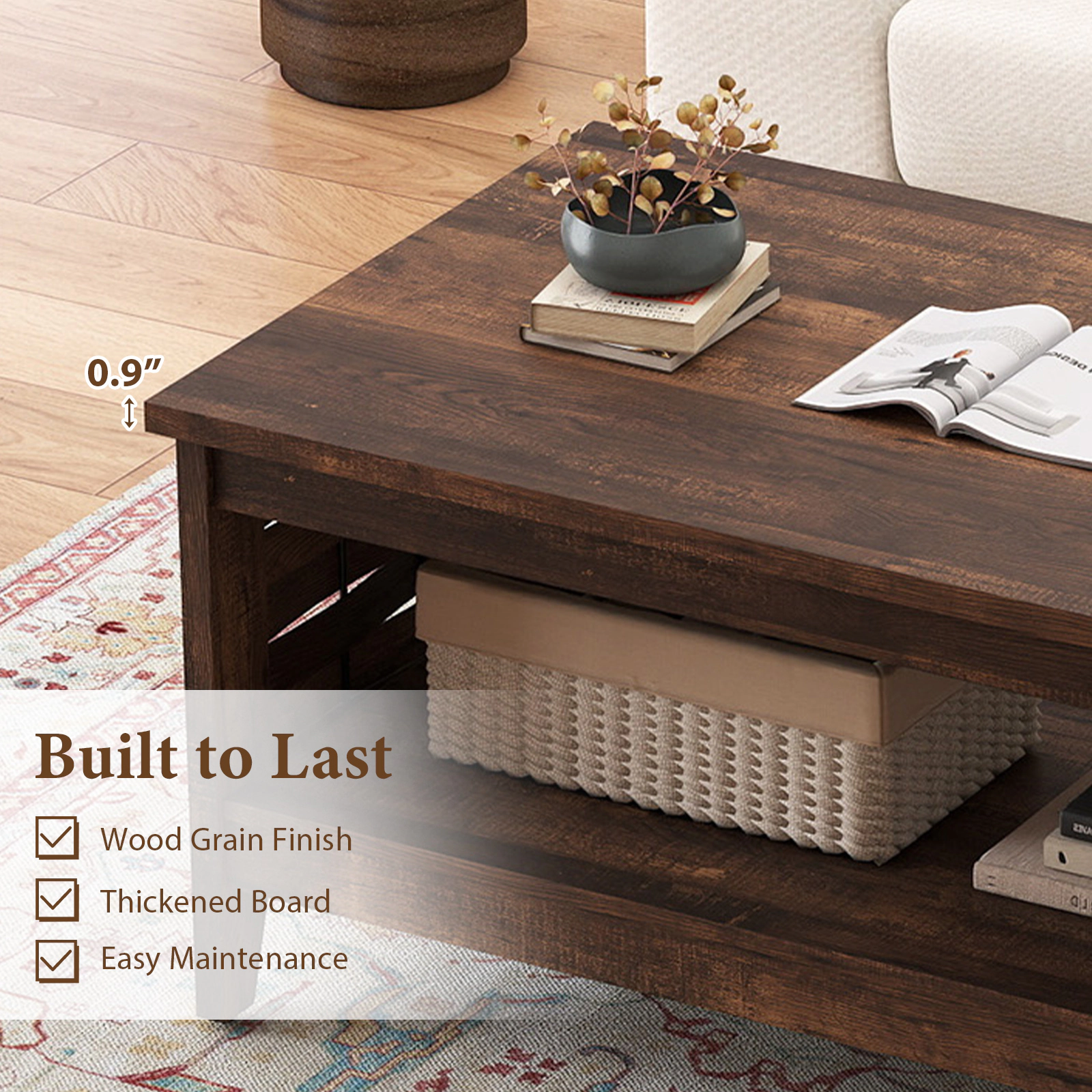 SUGIFT 2-Tier Woven Lattice Open Shelf Farmhouse Coffee Table 39.5-in x 23.5-in x 19-in 135-lb Capacity Rustic Brown