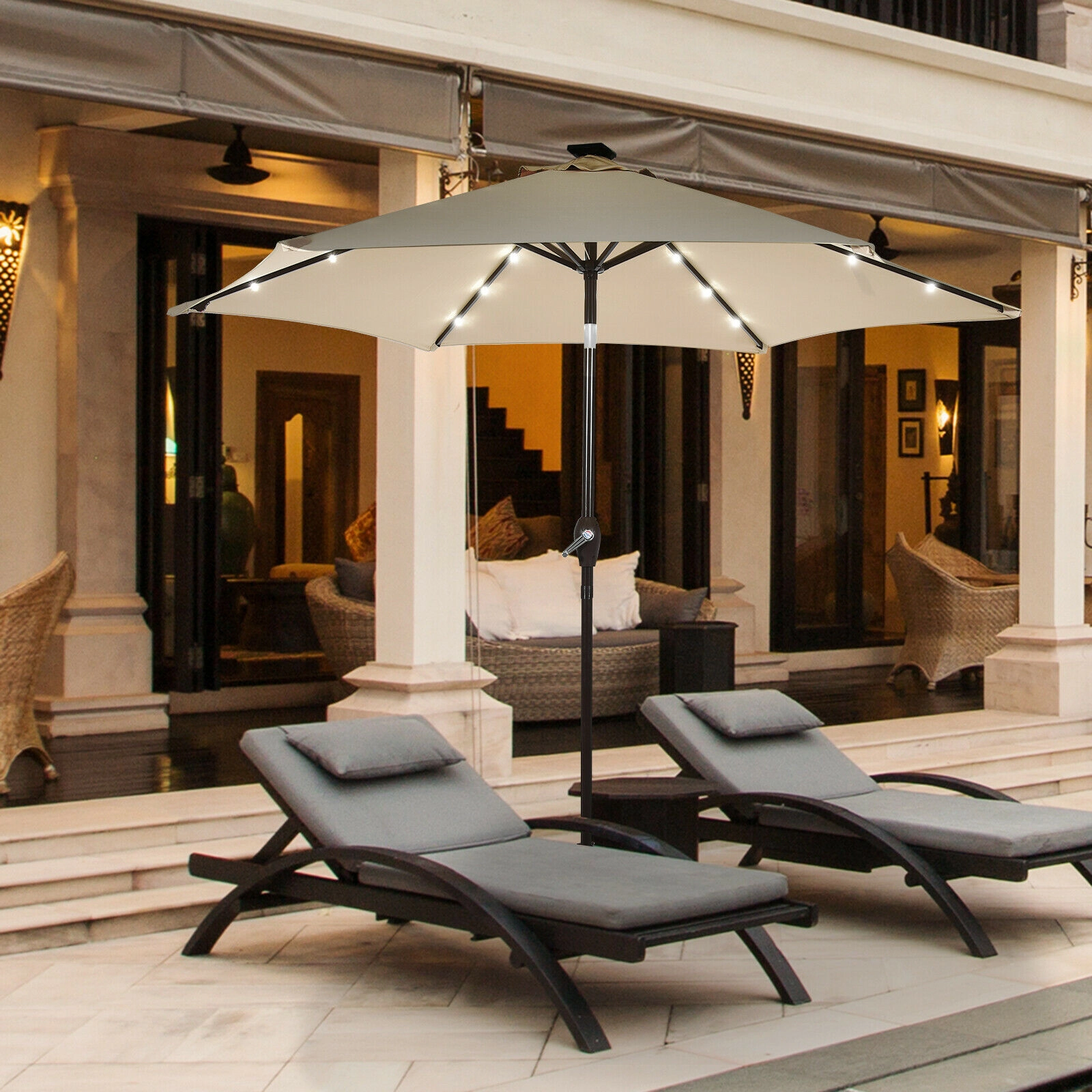 SUGIFT 9-ft Tan Solar LED Market Patio Umbrella with Crank Lift and Push-Button Tilt