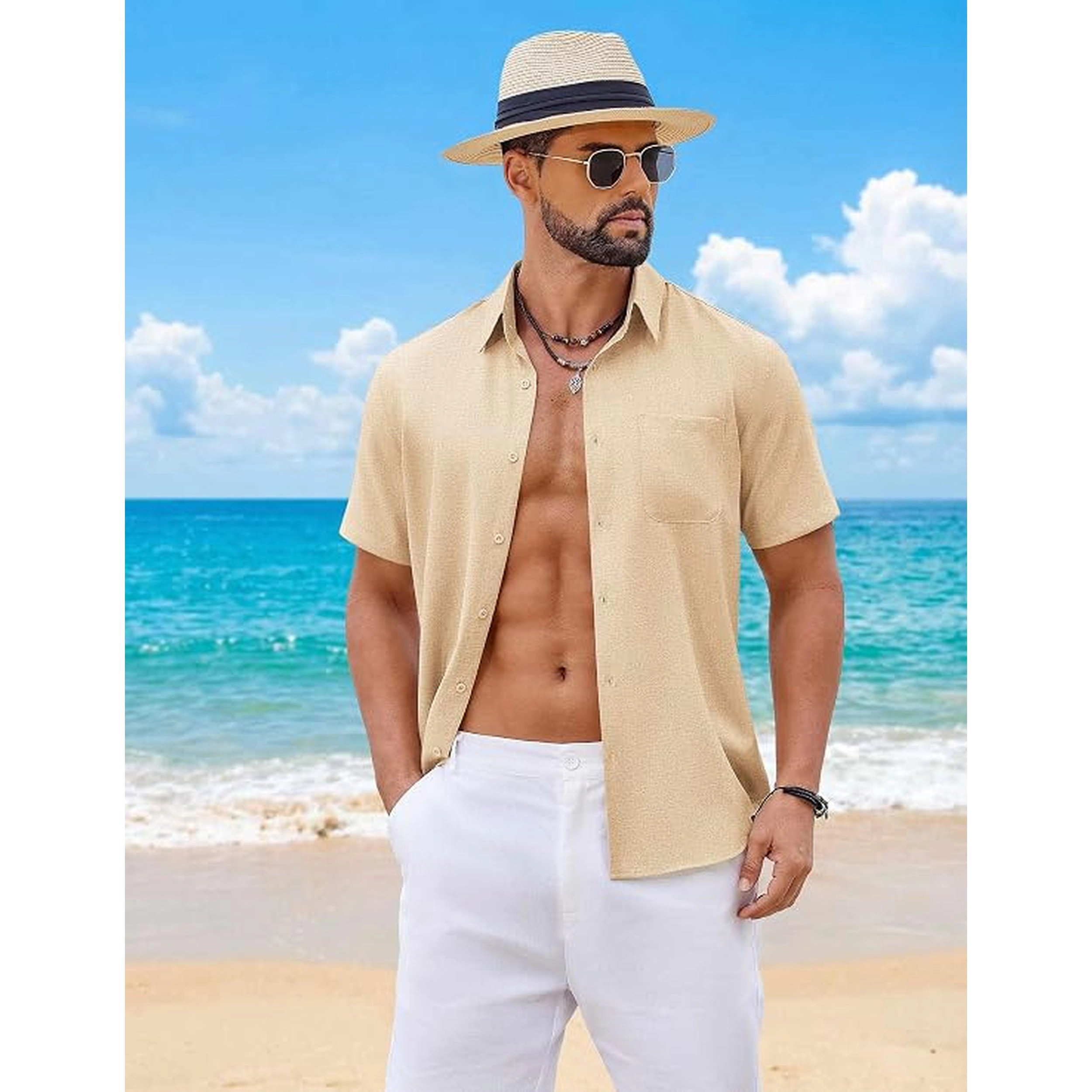 COOFANDY Mens Casual Short Sleeve Button Down Shirts  Lapel Collar Pocket Top
